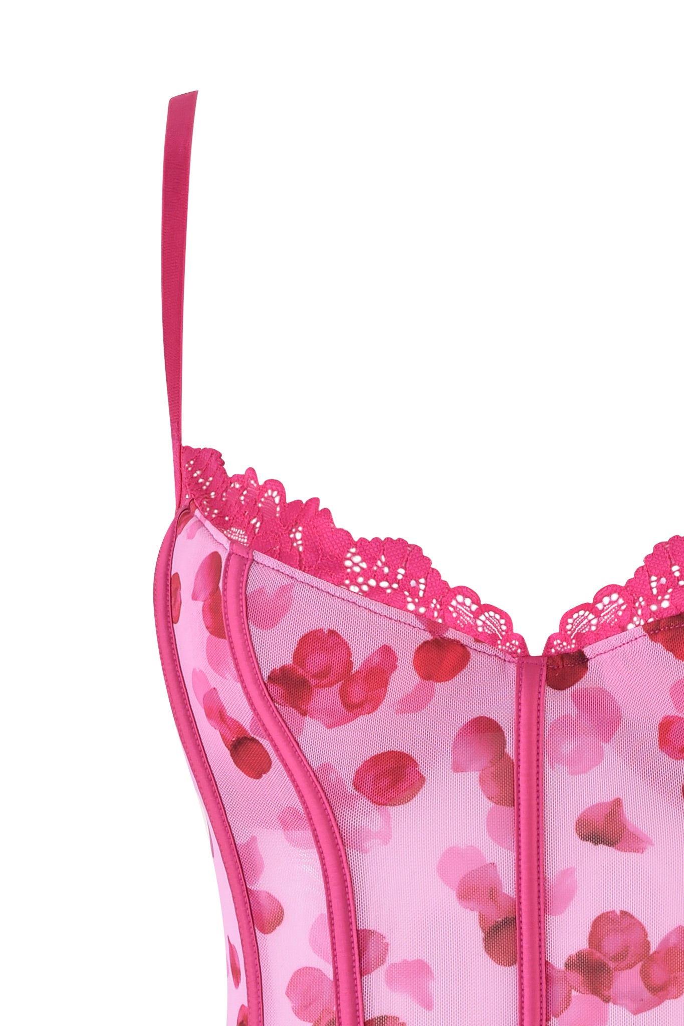The ROSALIA BUSTIER SET - PINK: PRETTY PETAL by I.AM.GIA features a vintage-inspired design with thin straps and lace at the top. It showcases a pink floral rose petal print, resembling petals or hearts, enhanced by corset-style seams for structure.