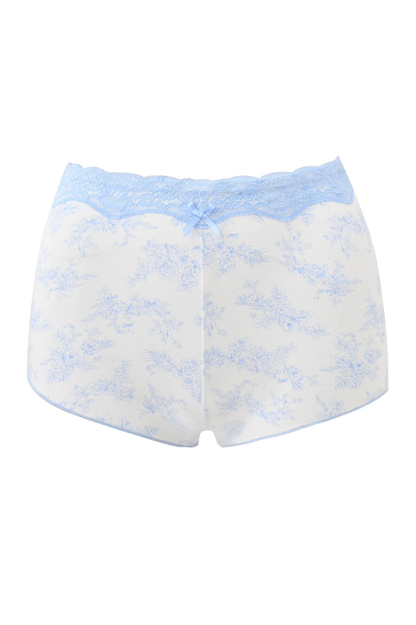 I.AM.GIA’s CASSIA SHORT - BLUE TOILE is a high-waisted women’s short in white with a blue toile floral print, accented by delicate blue lace trim and a small front-center blue bow.