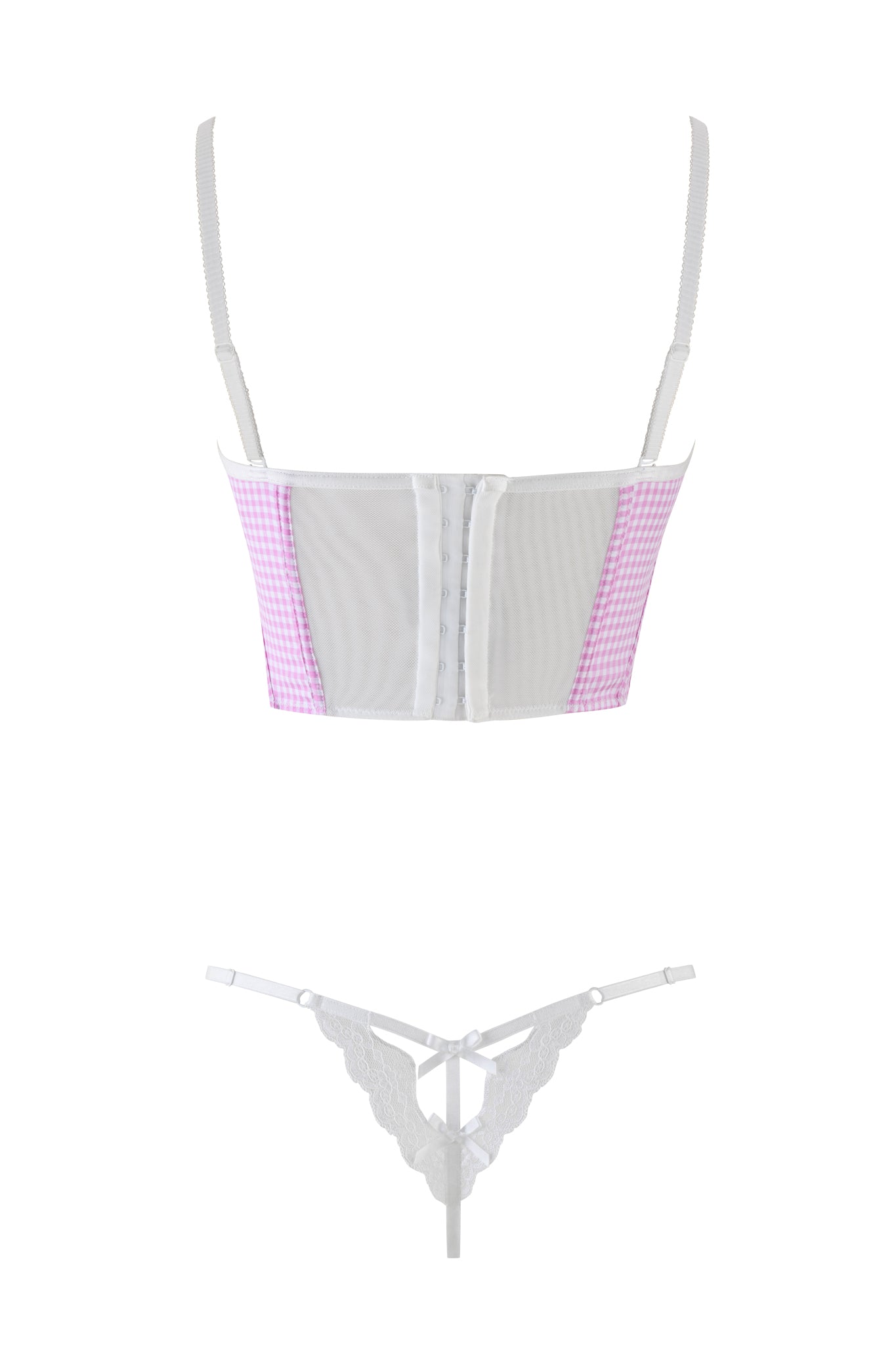 The JENNY 2.0 BUSTIER SET - PINK by I.AM.GIA features a white and pink gingham bustier with thin straps, delicate lace trimming, a pink checkered pattern on the sides, an adjustable fit closure, and is paired with a matching white lace thong.