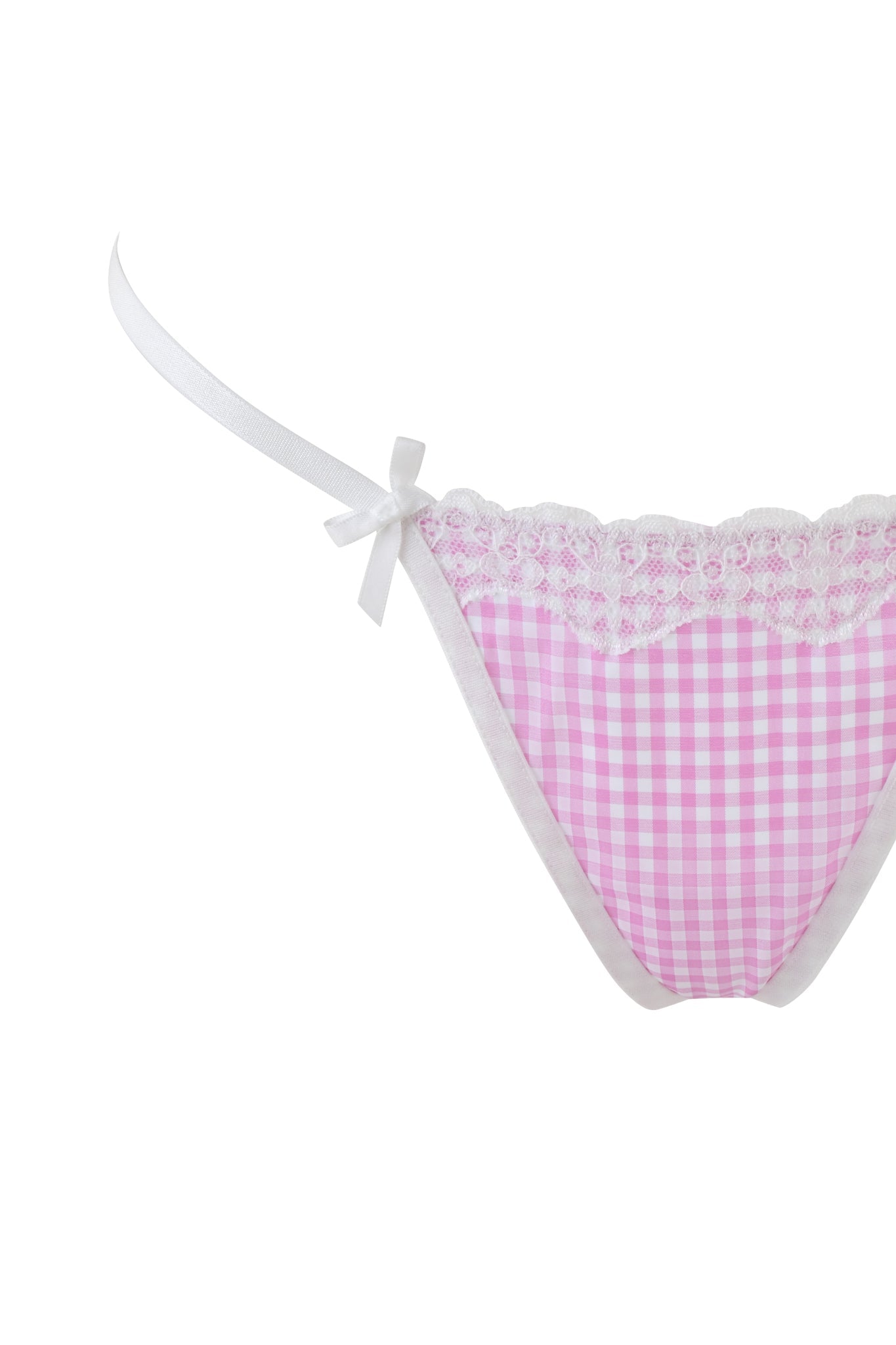 The JENNY 2.0 BUSTIER SET - PINK by I.AM.GIA includes a pink gingham bikini bottom with adjustable fit, intricate lace trimming, and a bow on the side, all featuring a soft, checkered pattern with delicate edging.