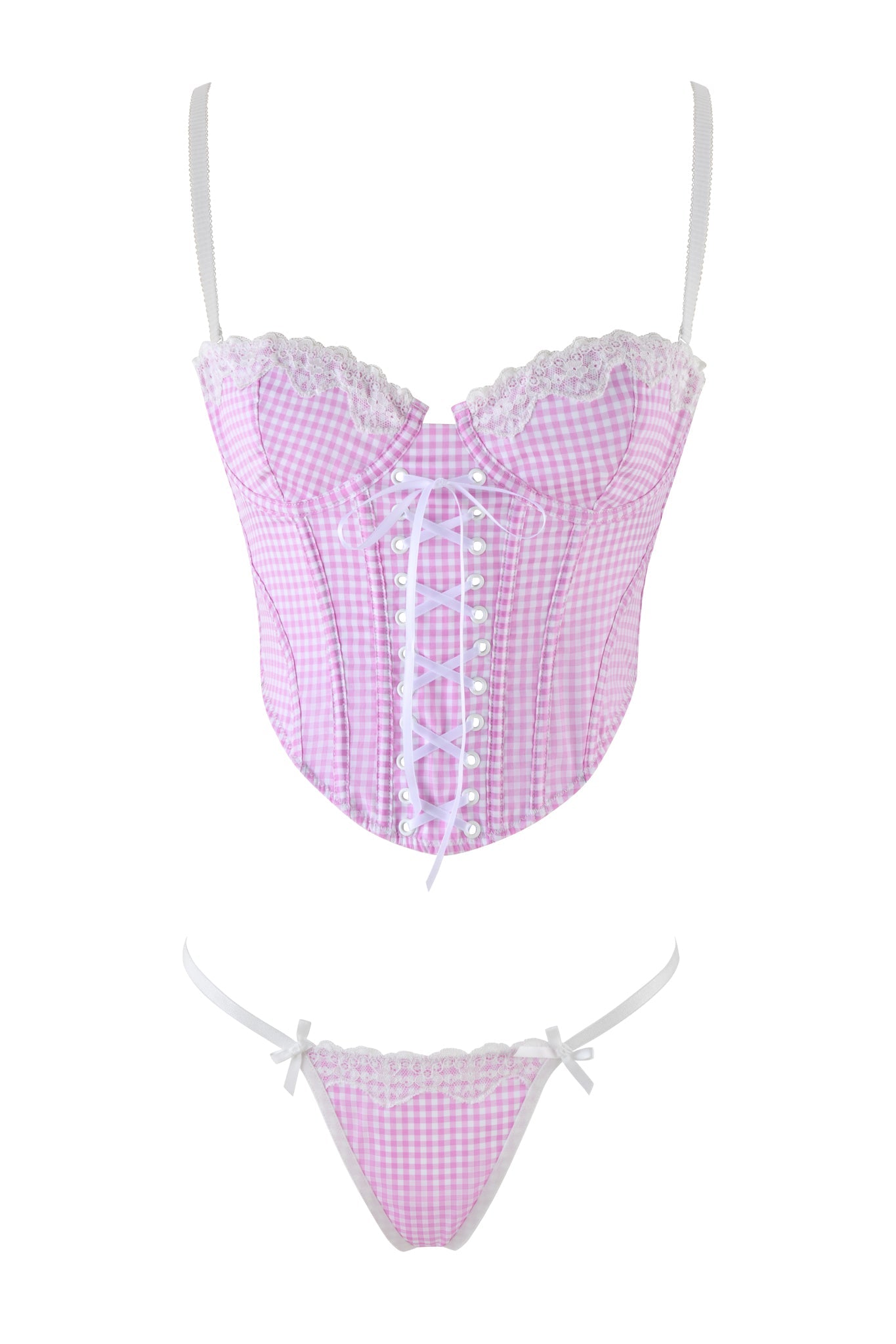 The JENNY 2.0 BUSTIER SET by I.AM.GIA, in pink gingham, features a corset-style top with lace trim and adjustable ribbon lacing on a white background. Paired with matching bikini bottoms adorned with side bows, this set offers both style and comfort.