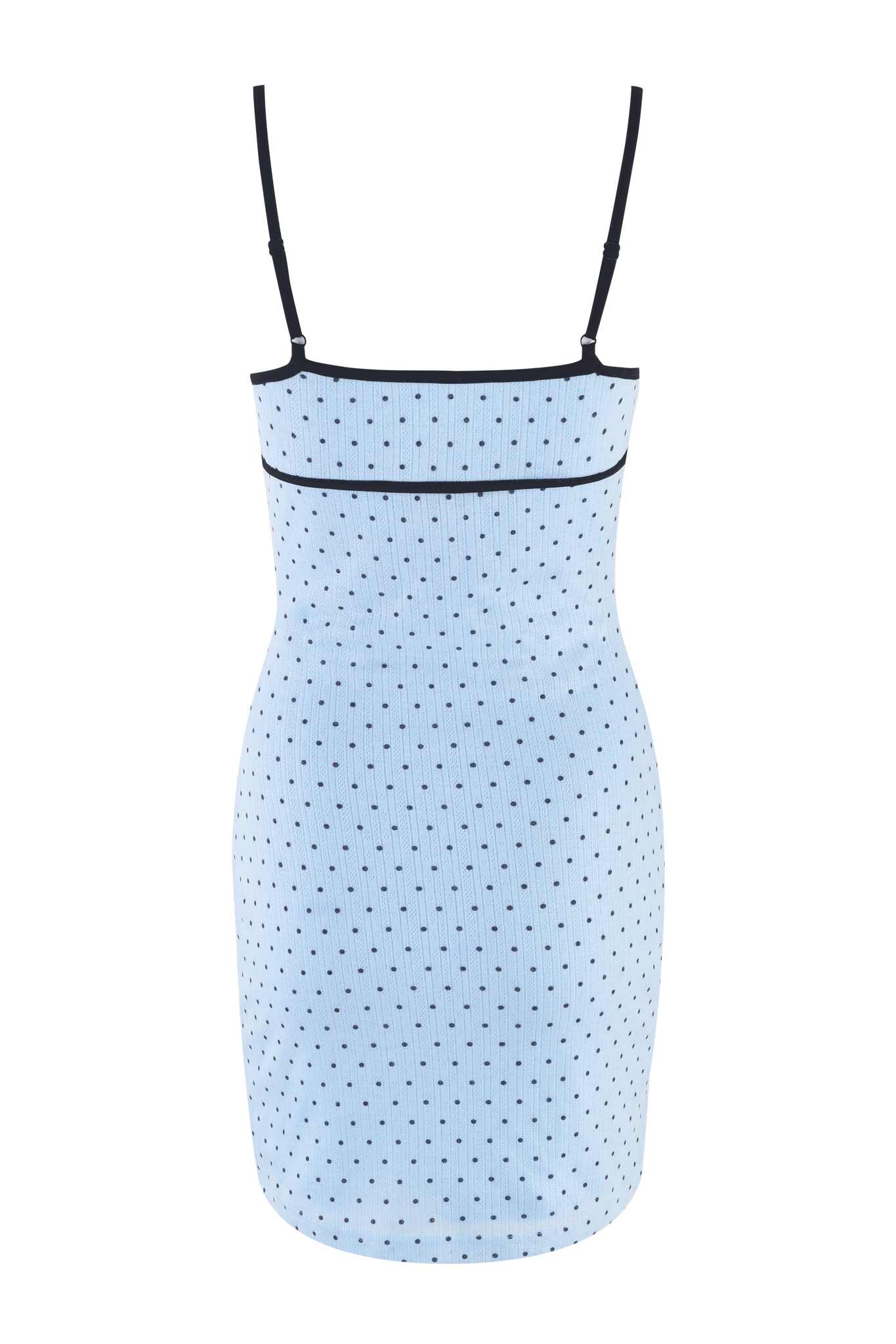 The MILA SLIP DRESS - BLUE by I.AM.GIA is a light blue, fitted slip dress with spaghetti straps, small black square pattern, and black trim along the top. Its sleek, body-con silhouette offers simple yet stylish appeal.