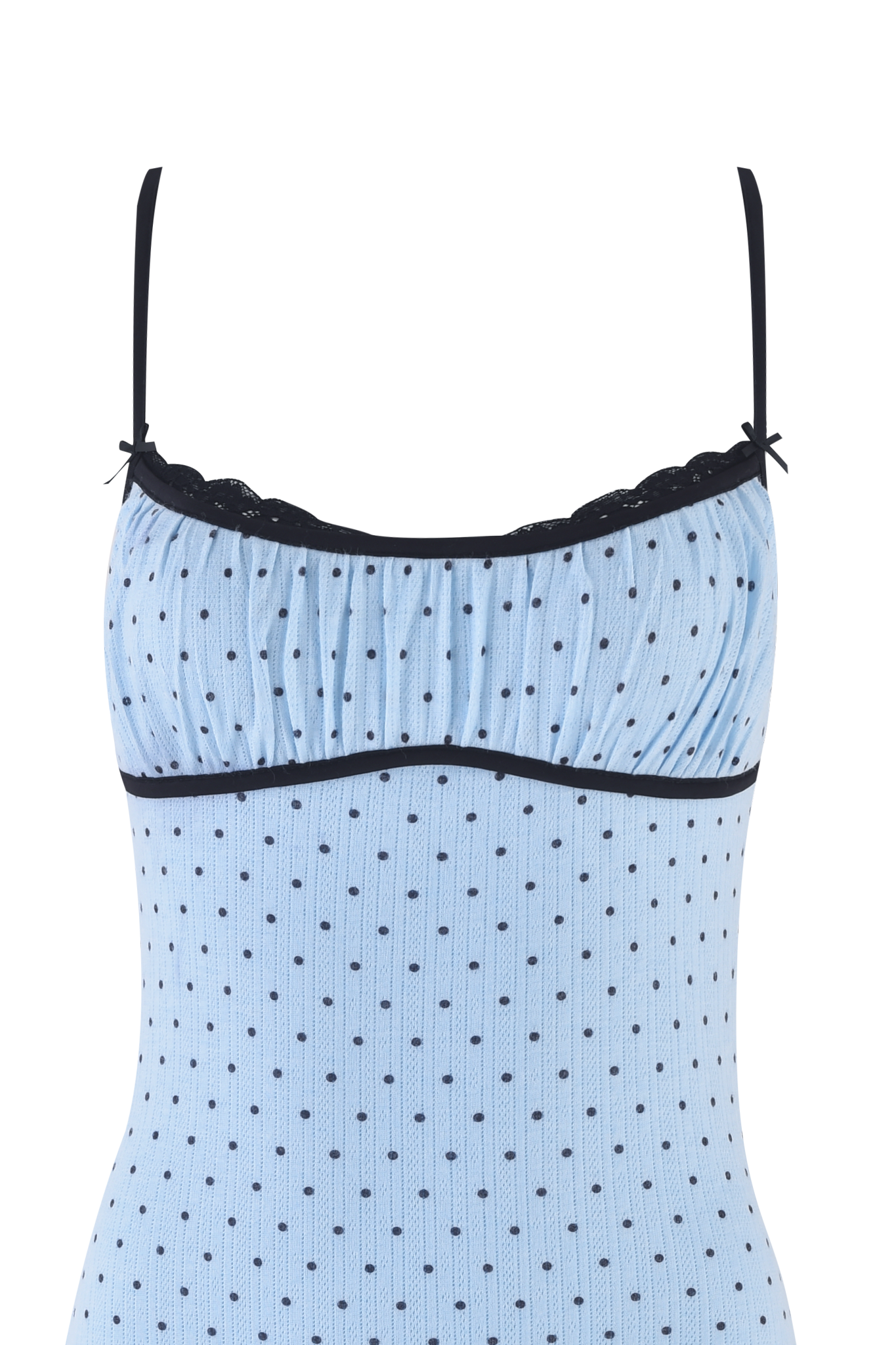 The MILA SLIP DRESS - BLUE by I.AM.GIA features a light blue fabric with small black polka dots, thin black straps, black trim at the top edge, and a ruched top for a subtly chic slip dress-inspired look.