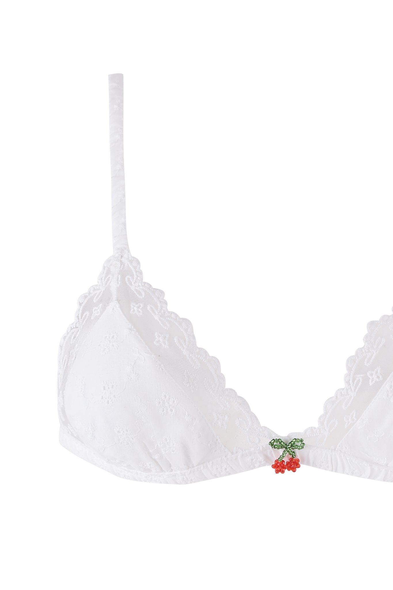 The JUNIE SHORT SET - WHITE by I.AM.GIA features a white lace bralette with delicate floral patterns and a small embroidered red cherry with green leaves at the center.