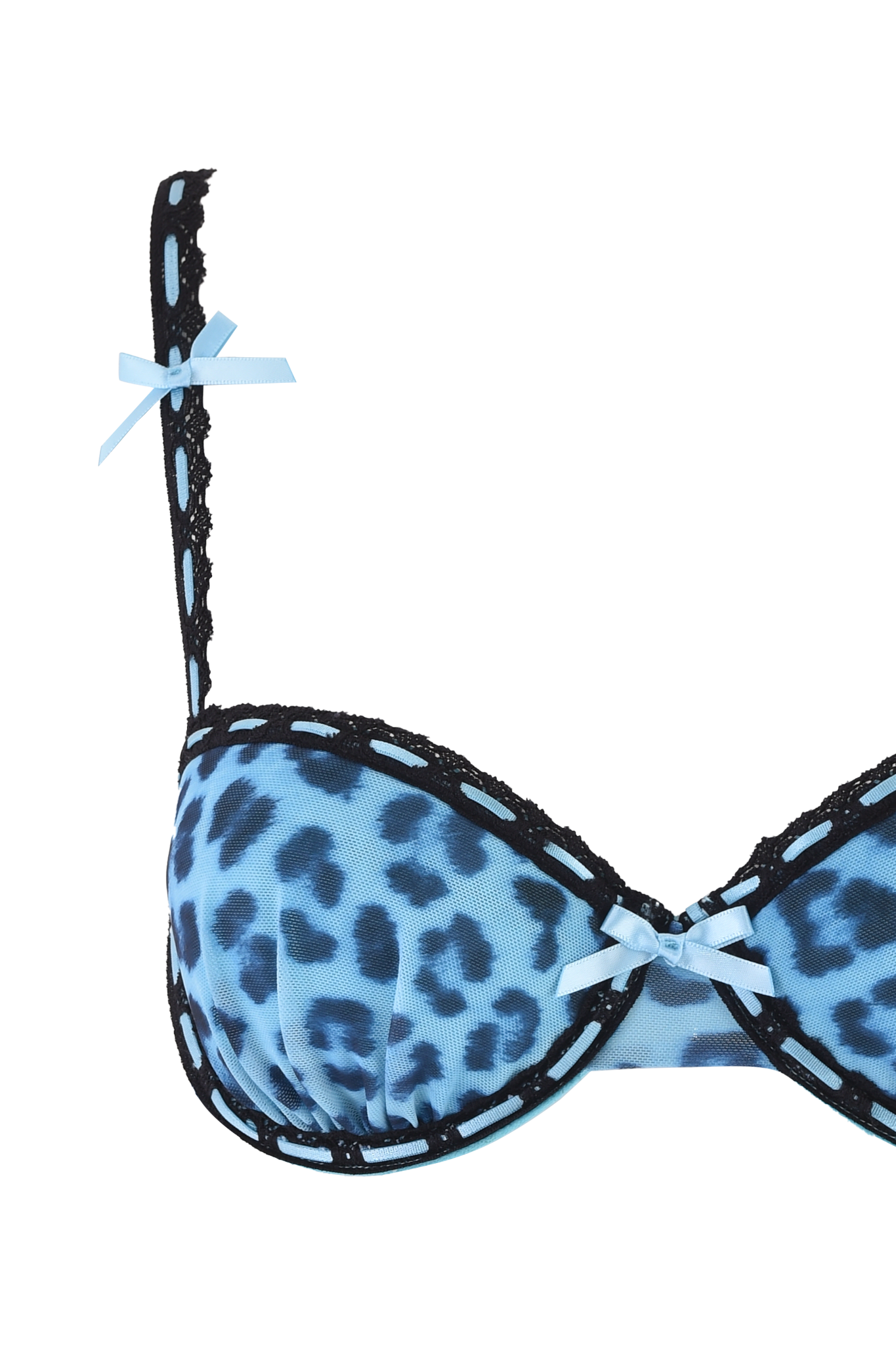 A close-up of the VERITY SET - TEAL LEOPARD by I.AM.GIA, a Y2K-inspired bra set in teal leopard print with black slotted lace ribbon trim and two light blue bows—one on the strap and one at the center.