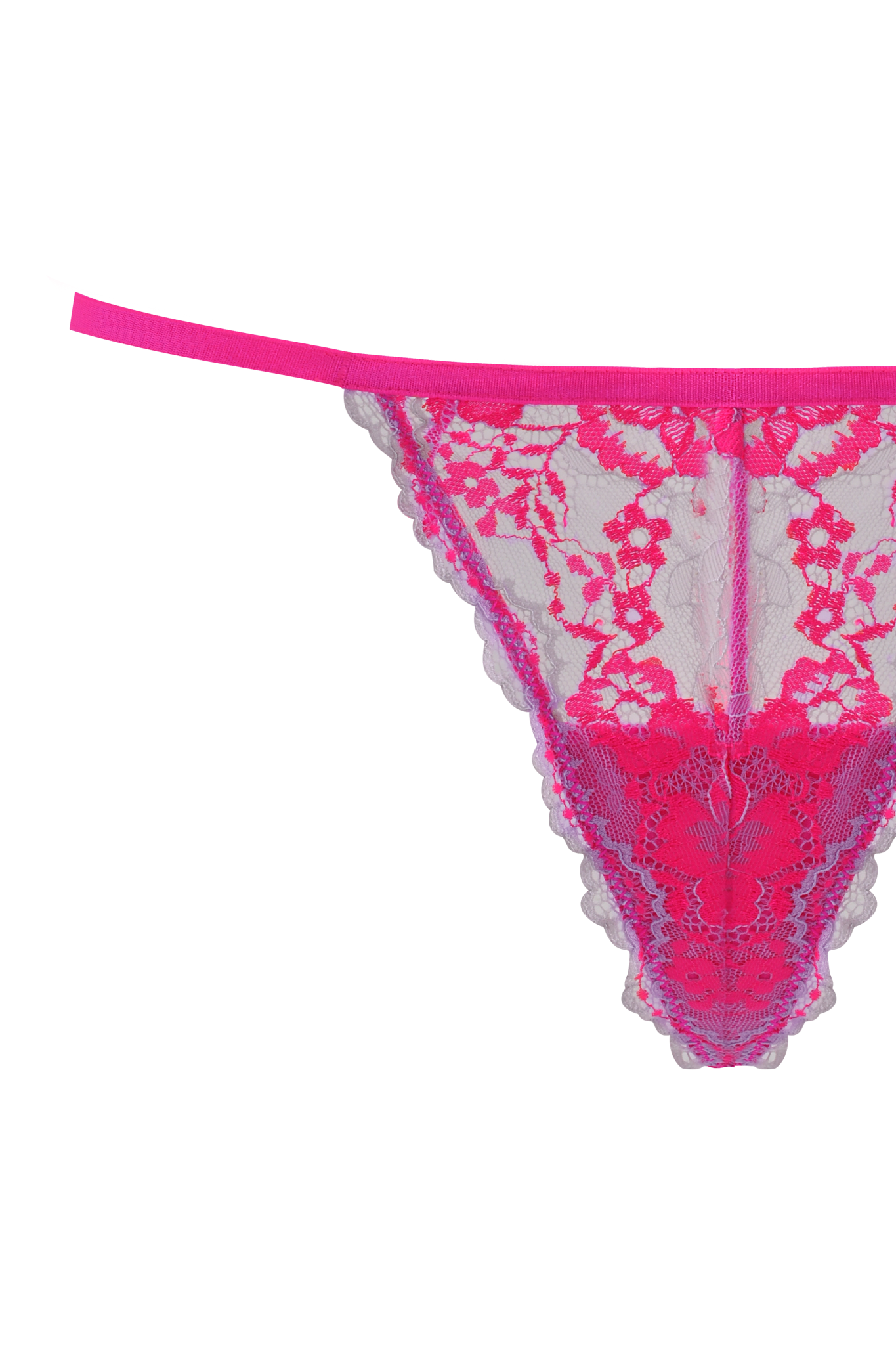 A close-up of the AMAYA CAMI SET - NEON PINK by I.AM.GIA, featuring intricate pink and purple floral lace details against a white background.