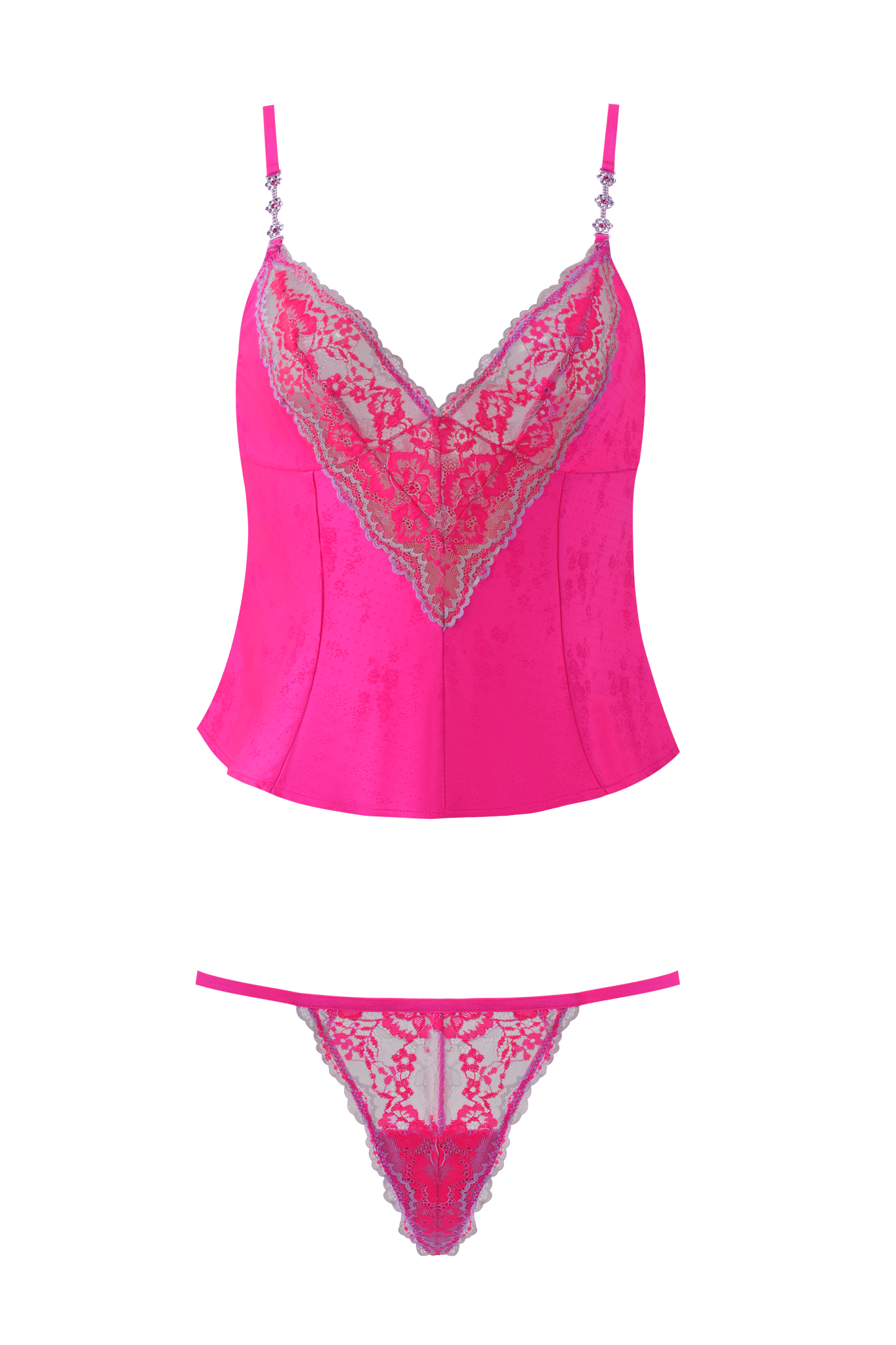 The AMAYA CAMI SET - NEON PINK by I.AM.GIA features a velvet cami with floral lace neckline trim and a matching lace thong, shown on a plain pink background.