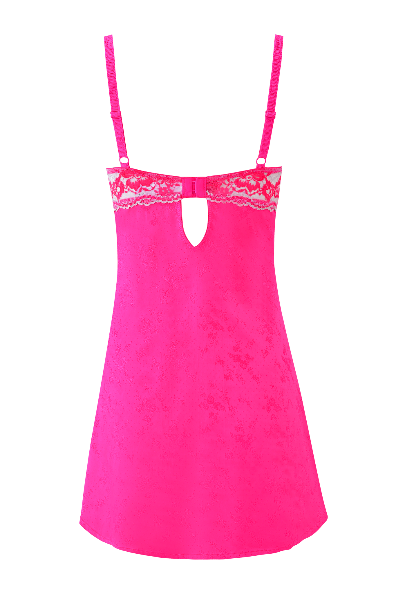 The AMAYA SLIP DRESS - NEON PINK by I.AM.GIA features hot pink lace, adjustable straps, a keyhole cutout under the bust, and white lace trim for a playful update on a classic slip style.