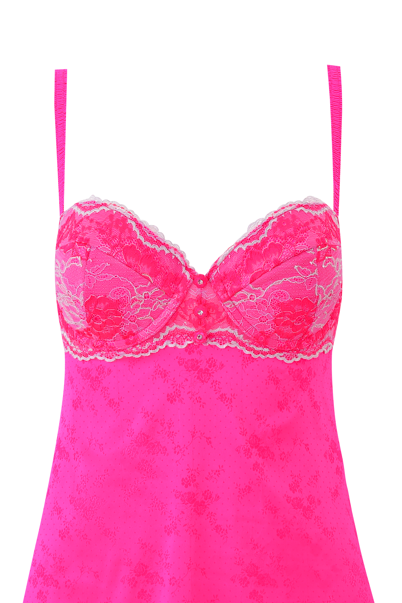 The AMAYA SLIP DRESS in neon pink by I.AM.GIA features floral lace details on the bust, lace trim, and sheer fabric below, styled like a slip dress and displayed against a plain background.