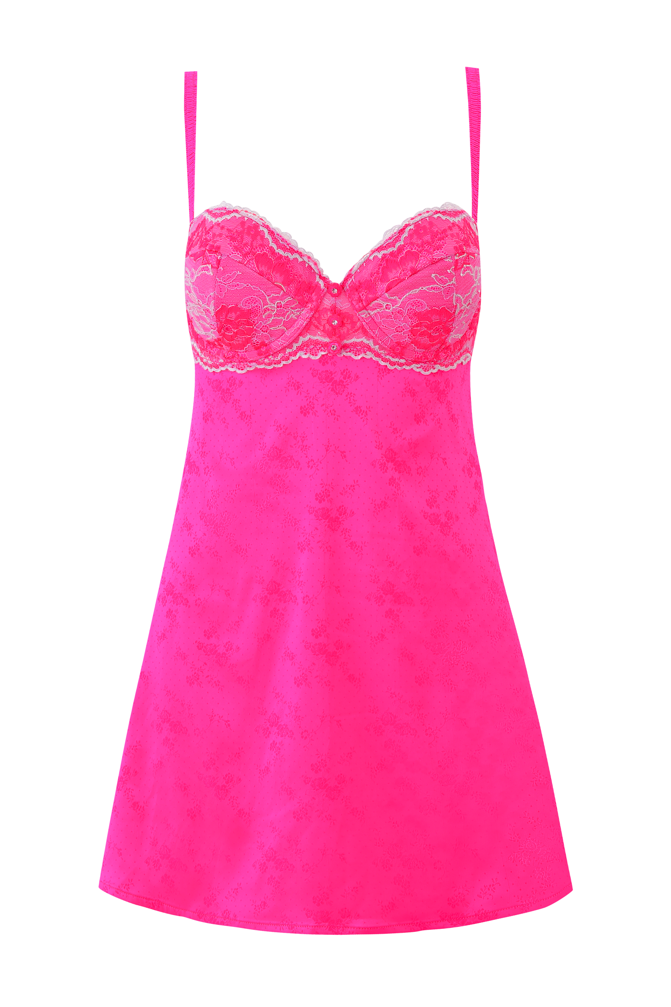 The AMAYA SLIP DRESS - NEON PINK by I.AM.GIA features thin shoulder straps, sheer lace details on the cups, and an all-over floral lace pattern.