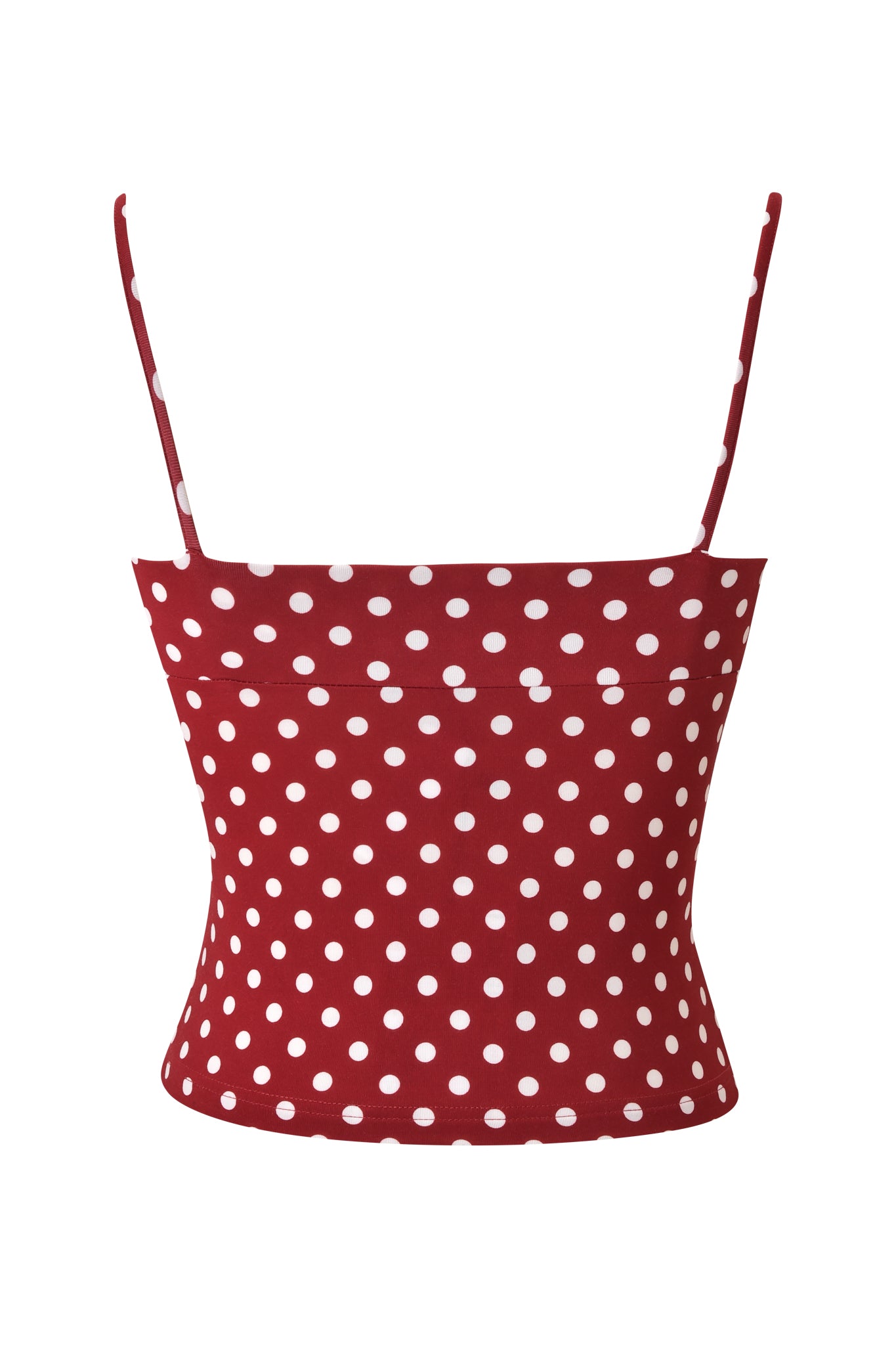 The MELANIE CAMI - RED POLKA DOT by I.AM.GIA features adjustable ruched bust, spaghetti straps, and white polka dots on red, displayed against a plain white background.