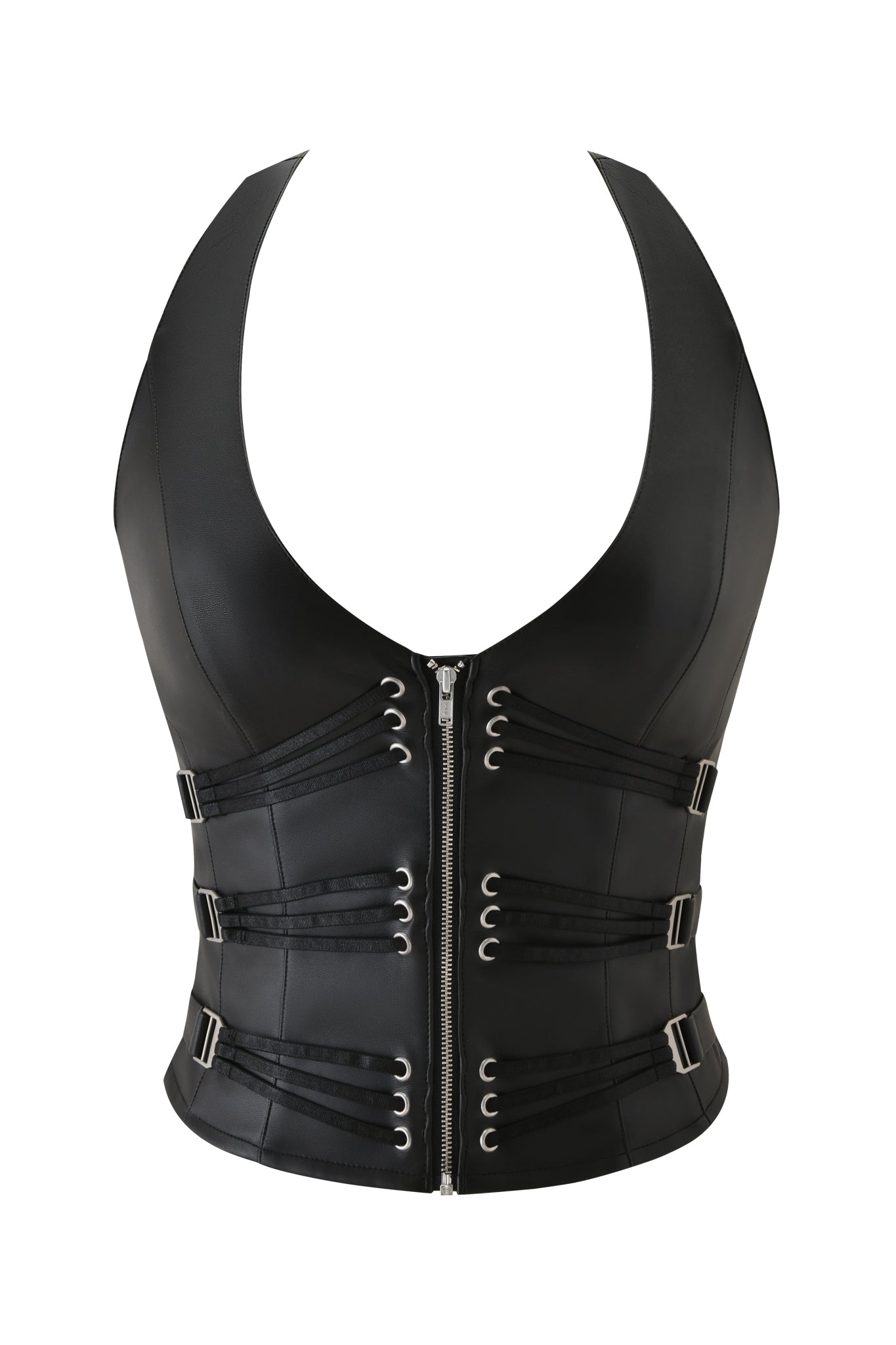 The SIBARI CORSET TOP - BLACK by I.AM.GIA is a black faux leather halter vest featuring a deep scoop neckline, front zipper, decorative grommets, and strappy details with horizontal straps and buckles at the waist and sides.