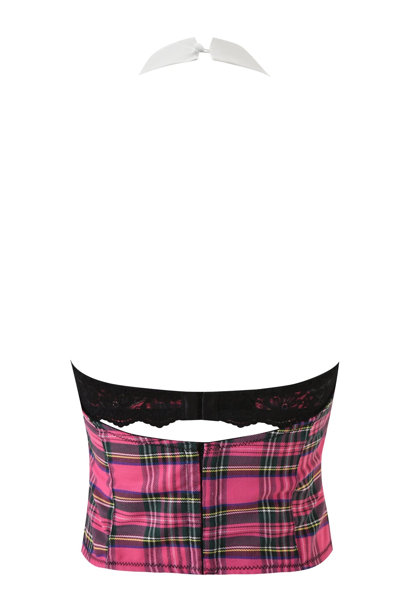 The KITTEN CORSET - PINK PLAID by I.AM.GIA is a pink plaid halter top with black lace trim, a white neck tie, and a cropped bustier fit, shown from the back.