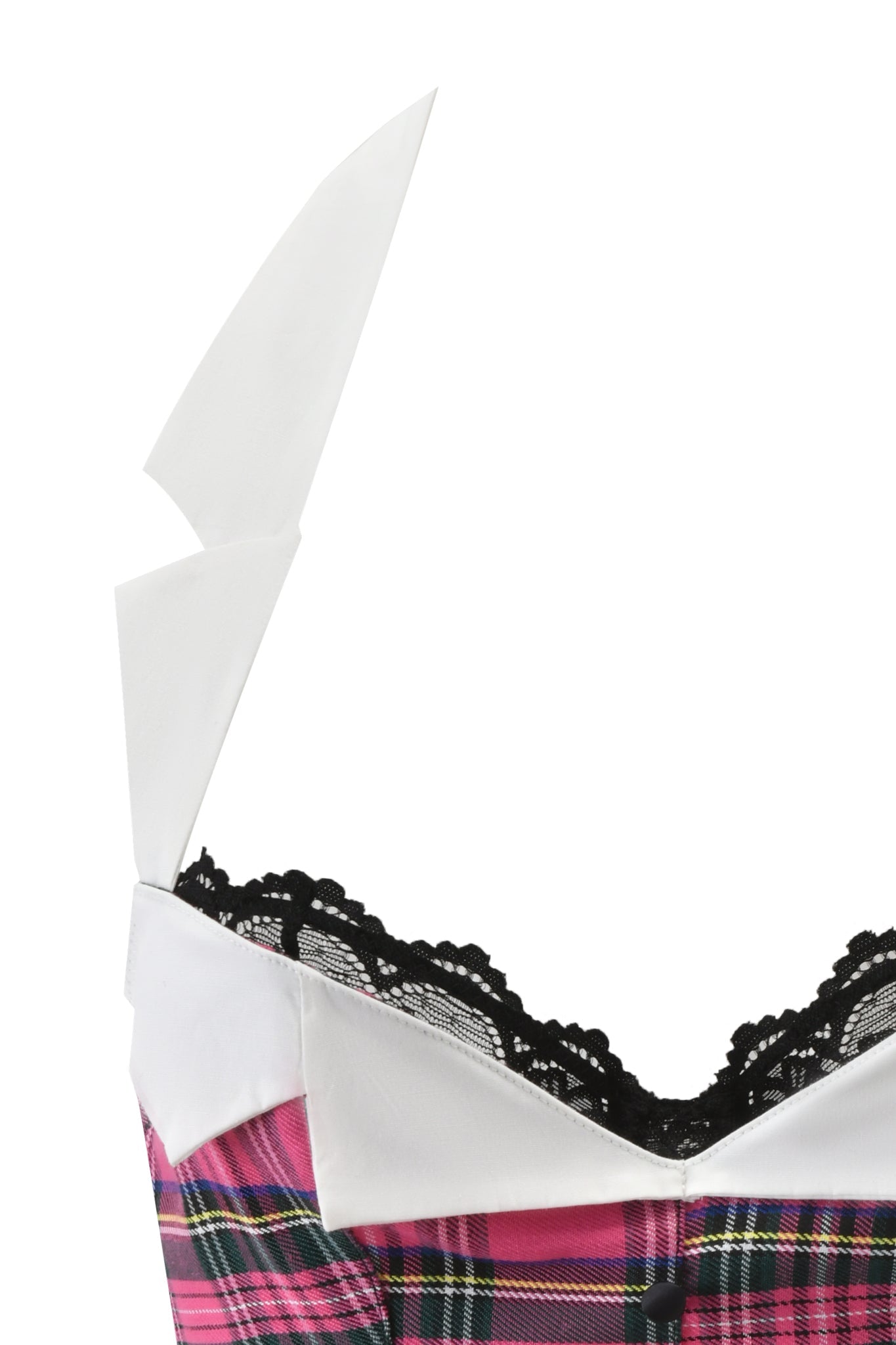 Close-up of the KITTEN CORSET - PINK PLAID by I.AM.GIA, a pink plaid halter top with black lace trim, a bold white collar, and built-in underwire bra, shown against a white background.