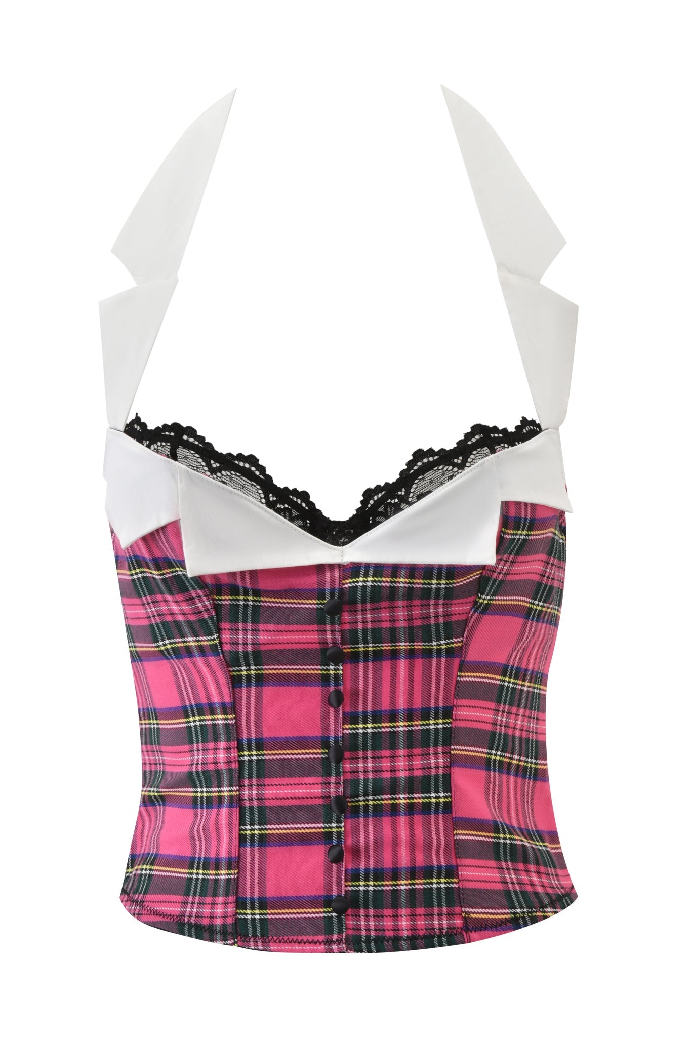 The KITTEN CORSET - PINK PLAID by I.AM.GIA is a cropped, corset-style top featuring pink plaid fabric, a white collar, black lace trim at the neckline, and fabric-covered buttons down the front.