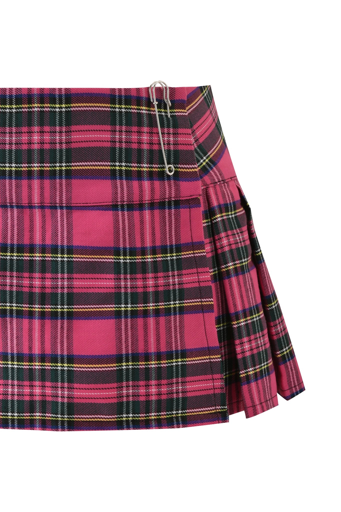 The I.AM.GIA KITTEN MINI SKIRT in pink plaid features pleats, a large silver safety pin at the waistband, and playful black, yellow, and green lines.