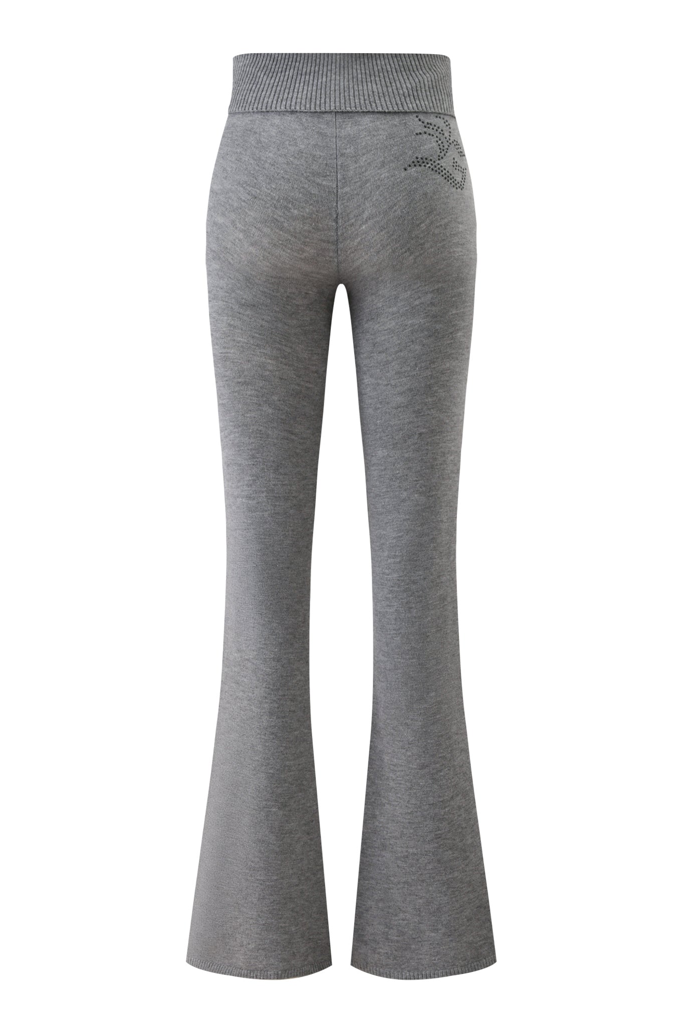 Back view of the I.AM.GIA JESSA PANT - GREY: charcoal grey lounge pants with a ribbed waistband, mid-rise waist, flared legs, and a small decorative detail on the upper left near the waistband.