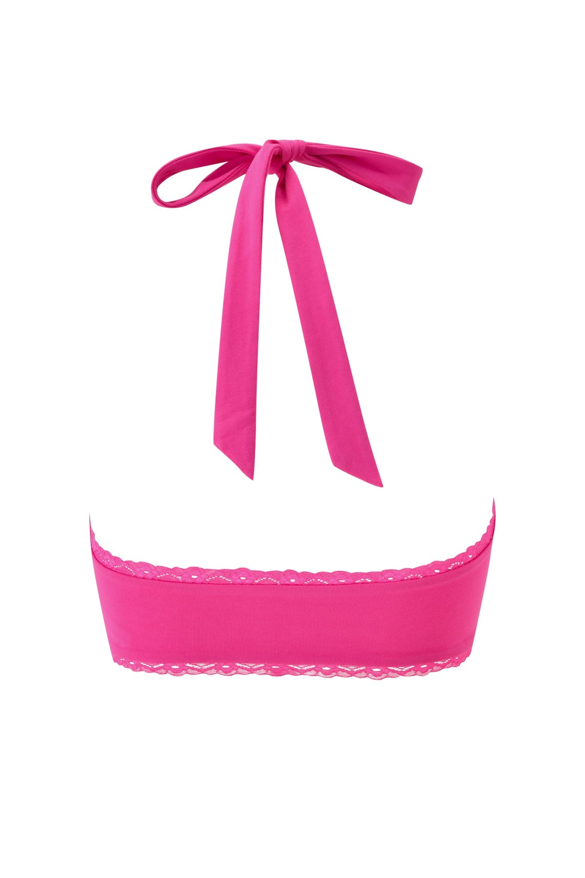 The MARINA TOP - PINK by I.AM.GIA is a vibrant pink bandeau bikini top with lace trim and a halter neck tie, evoking the chic look of a bodycon bralette, displayed against a plain white background.