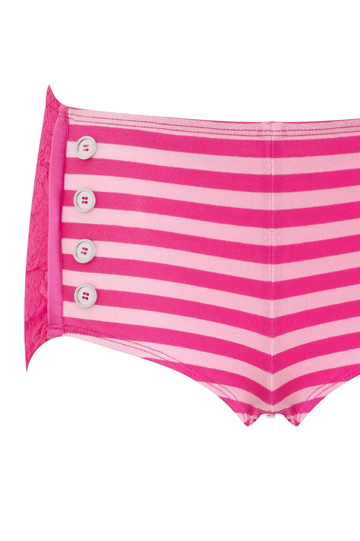 The MARINA SHORT - PINK by I.AM.GIA features playful pink and light pink stripes in a boy shorts-style women’s underwear, adorned with four white buttons on the left side and delicate lace detail on the side panel—perfect for giving your sexy sailor Halloween costume a fun, flirty touch.