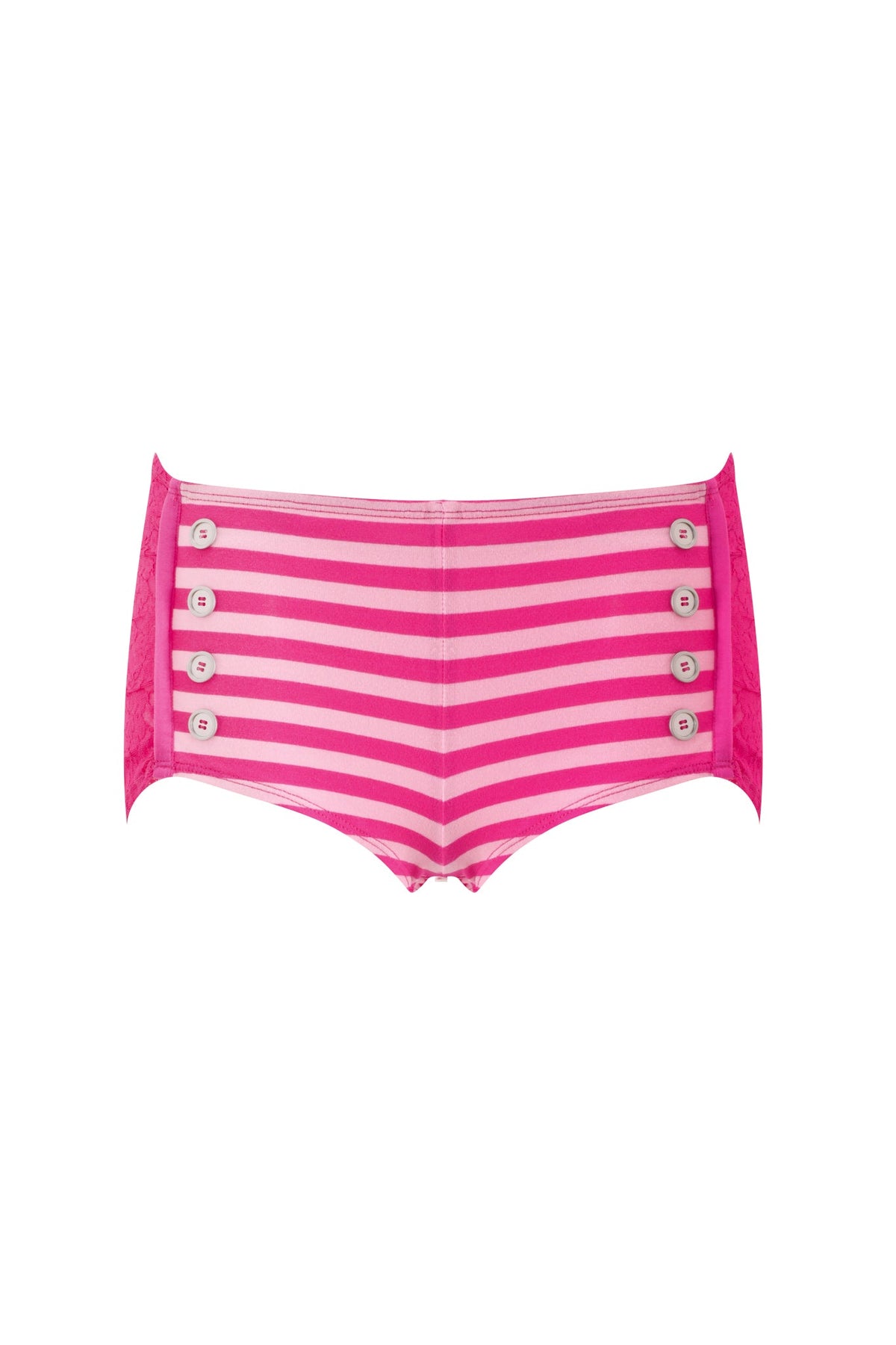The MARINA SHORT - PINK by I.AM.GIA features pink and light pink stripes in a boy short style, complete with six decorative white buttons on the front arranged in two vertical rows of three—an ideal choice for giving your sexy sailor Halloween costume a playful update.
