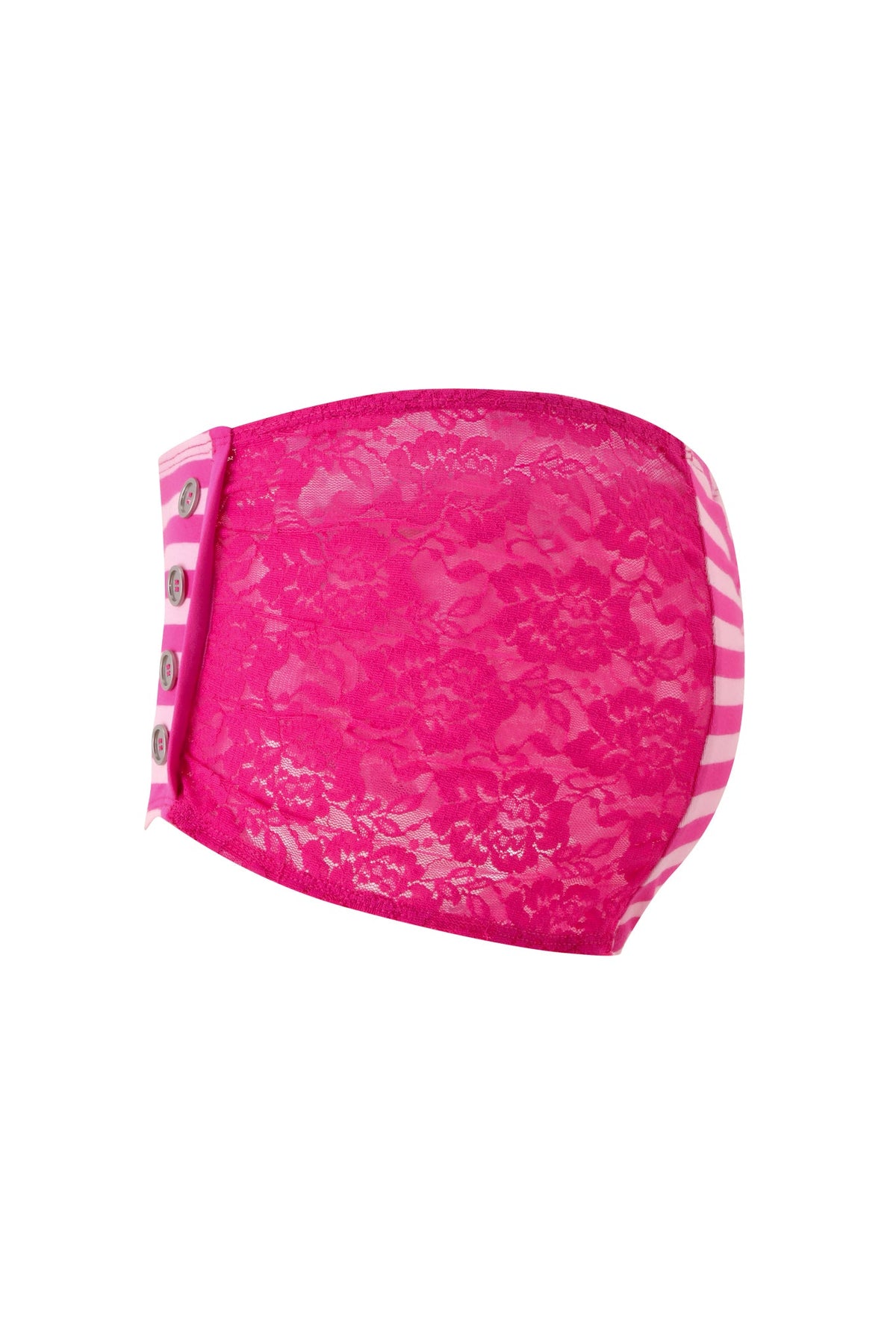 Adorn your look with the MARINA SHORT - PINK by I.AM.GIA, featuring vibrant pink lace with bold horizontal pink and white stripes on the sides, highlighted by four silver snap buttons for a statement finish. With its floral lace overlay reminiscent of I.AM.GIA’s daring aesthetic, these shorts are designed to make an impact—perfect for pairing with a sexy sailor Halloween costume or matching striped accessories for a coordinated ensemble.