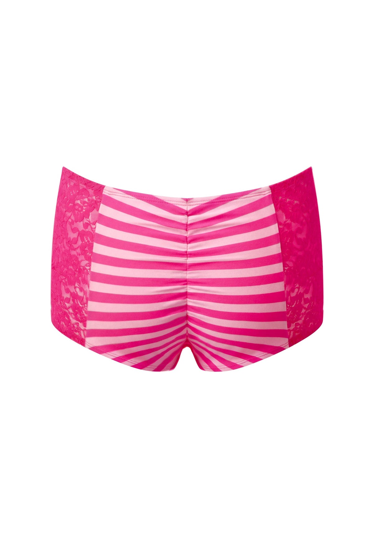 The MARINA SHORT - PINK by I.AM.GIA features playful pink and white stripes with lace side panels, shown here in a front view against a white background—an ideal choice for adding a flirty touch to your sailor-inspired Halloween costume.
