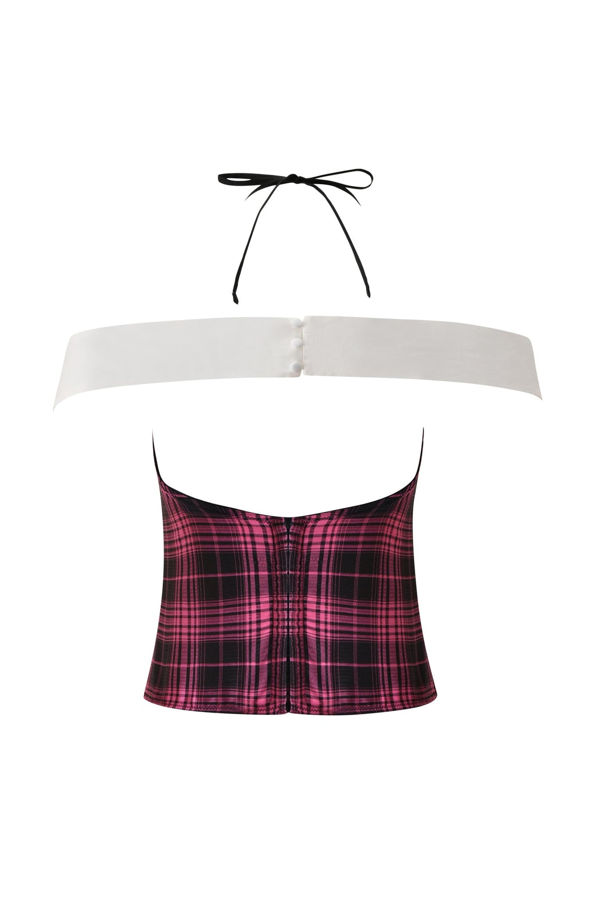 The SOFI BUSTIER by I.AM.GIA showcases a vintage-inspired bustier silhouette with a halter neckline, featuring a white band across the chest and a pink and black plaid patterned bodice, finished with an adjustable neck tie at the back.