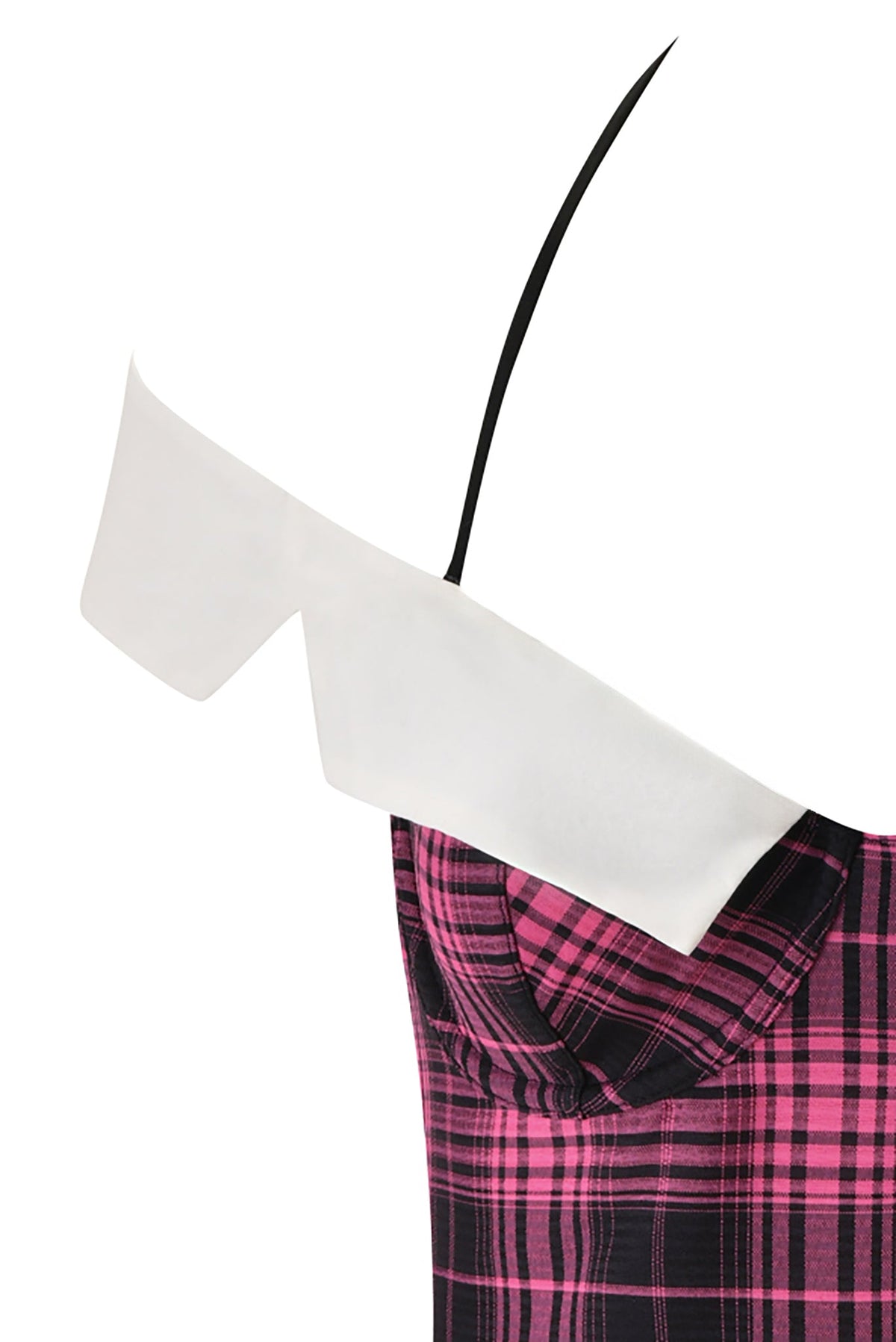 Close-up of the I.AM.GIA SOFI BUSTIER in pink plaid, showcasing a distinctive white angular off-the-shoulder sleeve and a slim black spaghetti strap.