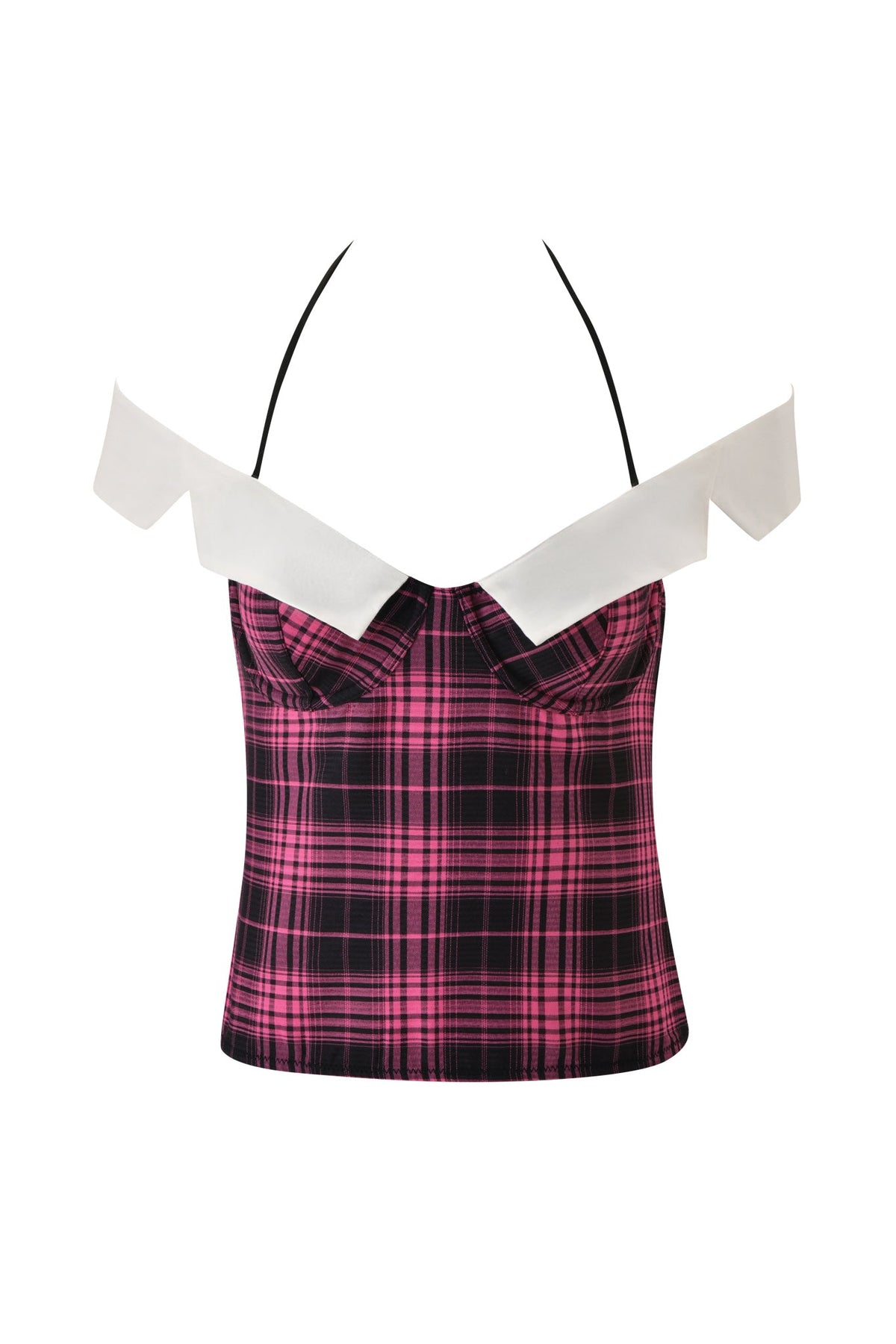 Introducing the SOFI BUSTIER - PINK PLAID from I.AM.GIA: a vintage-inspired halter top featuring a hot pink plaid pattern, a fitted bodice, and an off-the-shoulder white collar with a distinctive pointed geometric design.