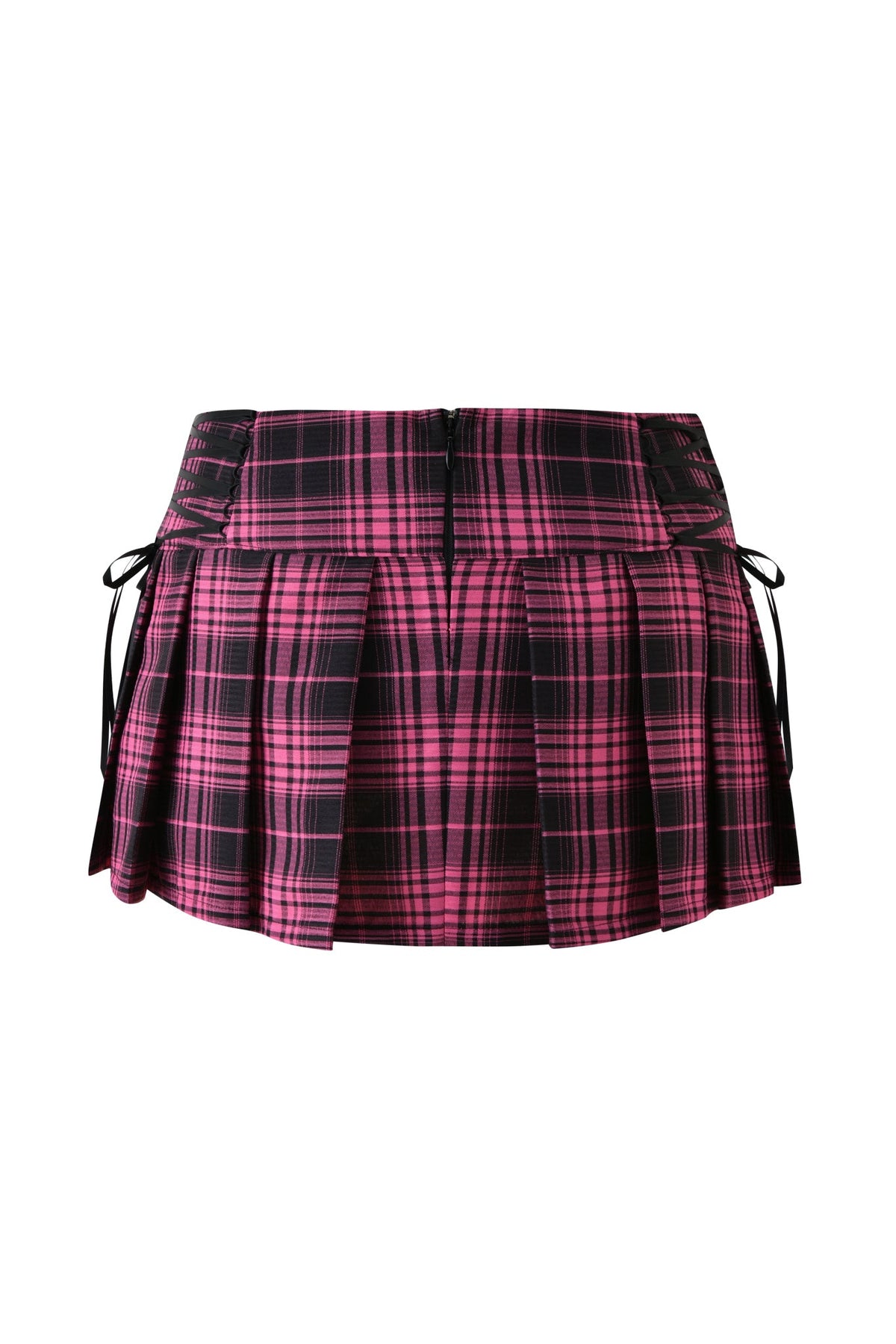 The SOFI MINI SKIRT - PINK PLAID by I.AM.GIA is a vintage-inspired mini skirt, featuring short pleats in a bold pink and black plaid pattern, complete with black ribbon accents on the sides and a back zipper.
