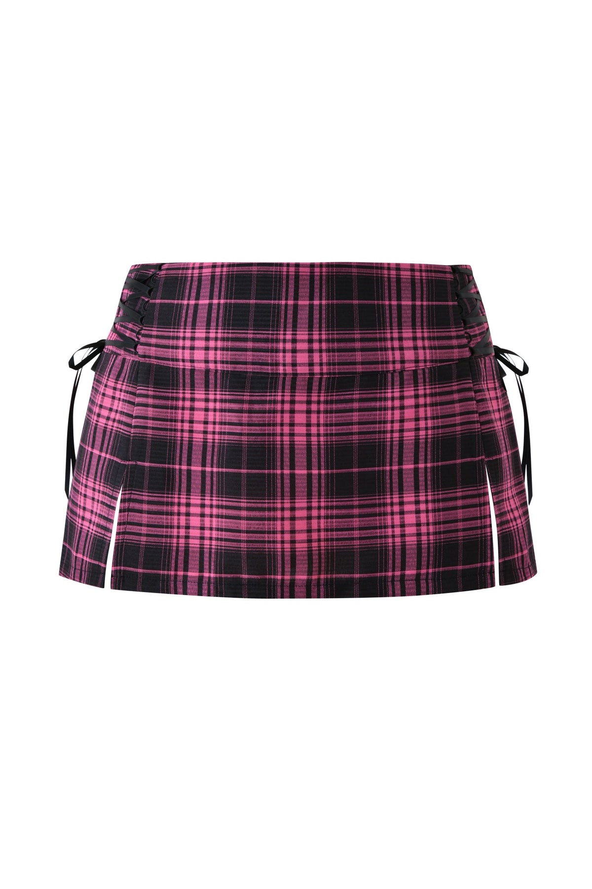 The SOFI MINI SKIRT - PINK PLAID by I.AM.GIA features a short, hot pink plaid design with black and pink checks, two front slits, and black ribbon tie details on both sides for a playful edge to this vintage-inspired mini skirt.
