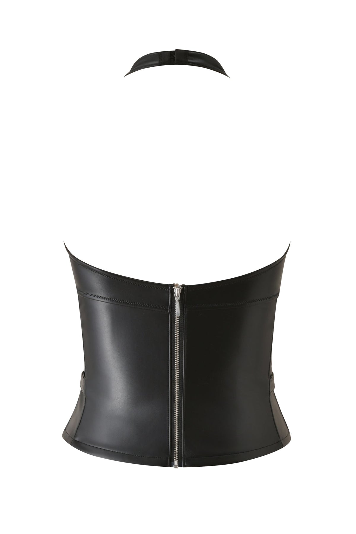 The AKASHA HARDWARE BUSTIER in black by I.AM.GIA is a faux leather corset top featuring a halter neck strap and back zipper, shown against a plain white background—ideal for elevating your next party outfit.