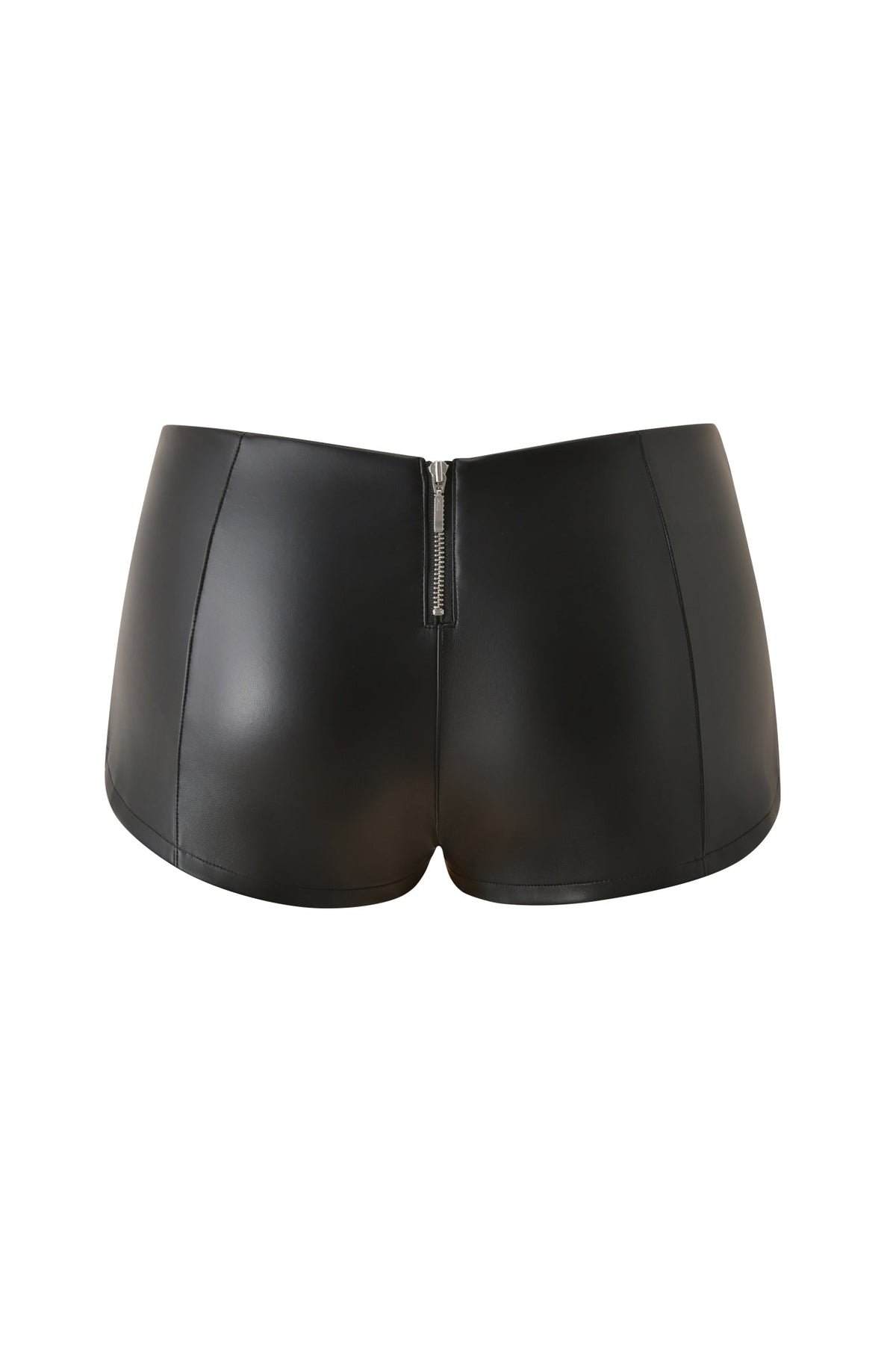 AKASHA HARDWARE HOT SHORT - BLACK by I.AM.GIA, featuring a micro mini silhouette in black faux leather with a high-waisted fit and visible back zipper, displayed against a white background.