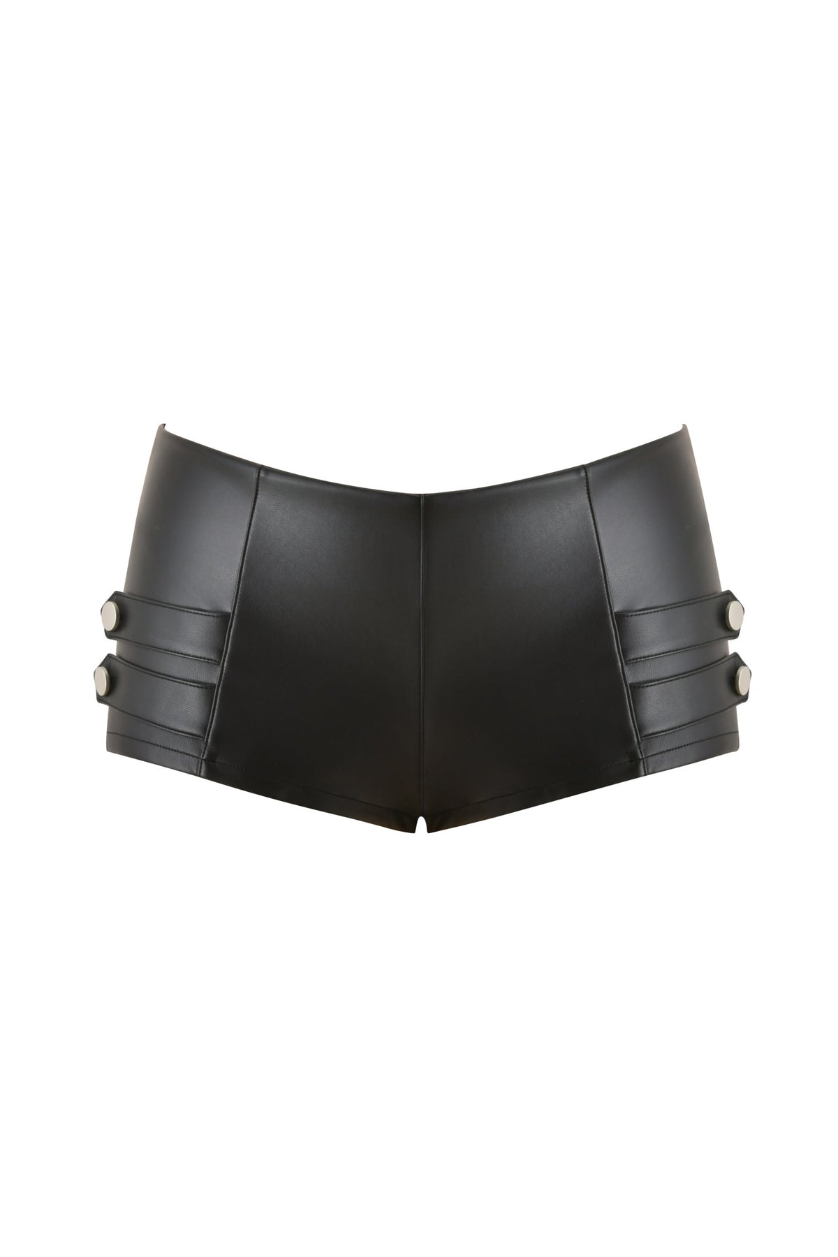Introducing the AKASHA HARDWARE HOT SHORT - BLACK by I.AM.GIA: These high-waisted black faux leather boyshorts feature bold metal studded horizontal strap details on each side, combining a smooth, sleek finish with an edgy attitude inspired by low-rise hot shorts.