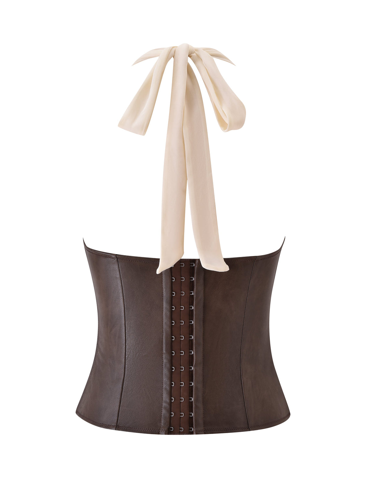 The OCEANA CORSET SET - BROWN by I.AM.GIA features a brown leather corset with front hook closures and a wide, cream-colored fabric halter tie at the neck, reminiscent of a vintage-washed bustier, displayed on a white background.