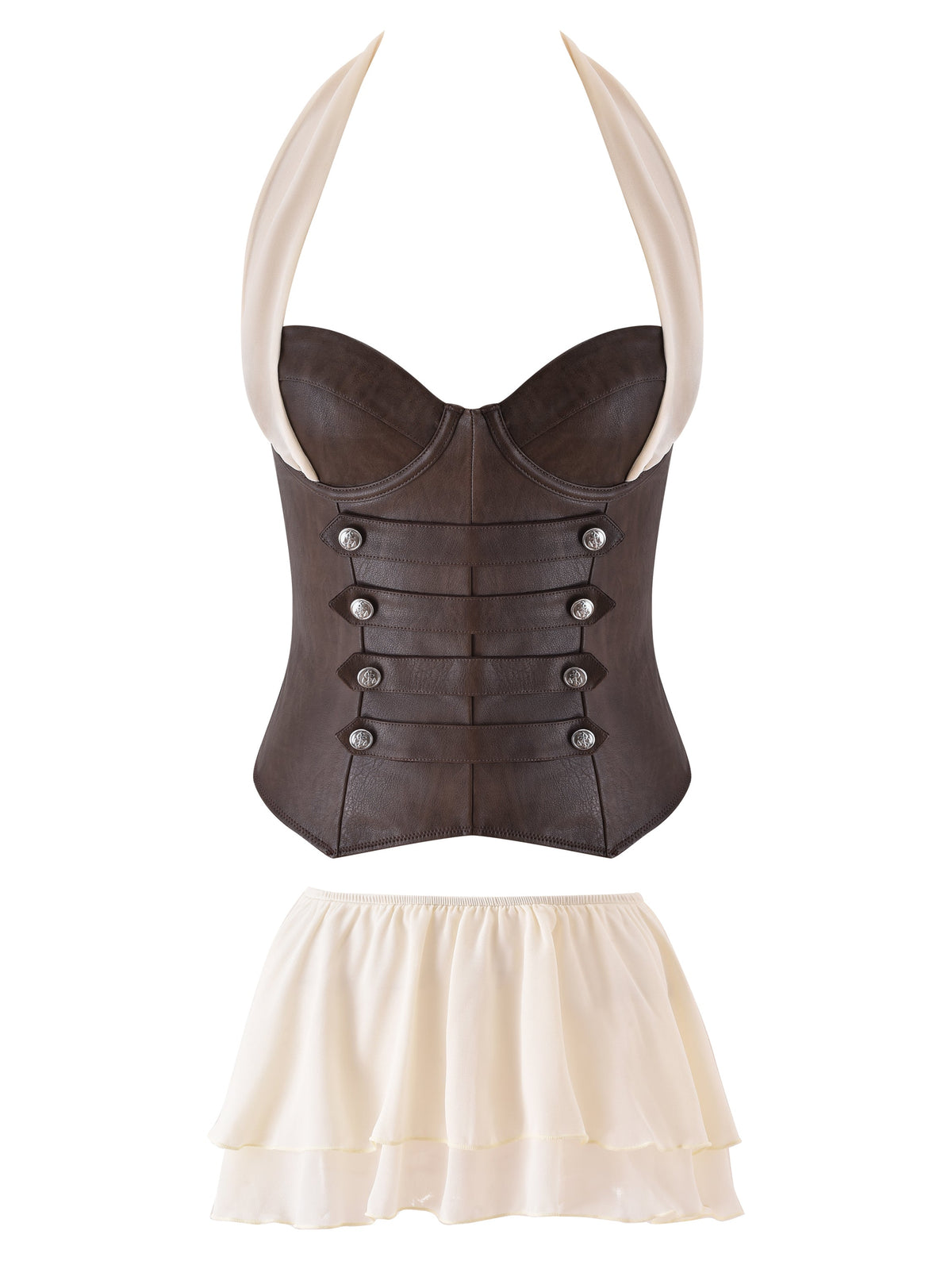 The OCEANA CORSET SET - BROWN by I.AM.GIA, featuring a brown leather halter corset with decorative buttons inspired by vintage-washed bustiers and paired with an ivory layered flouncy mini skirt, channels a sexy pirate costume aesthetic and is displayed against a white background.