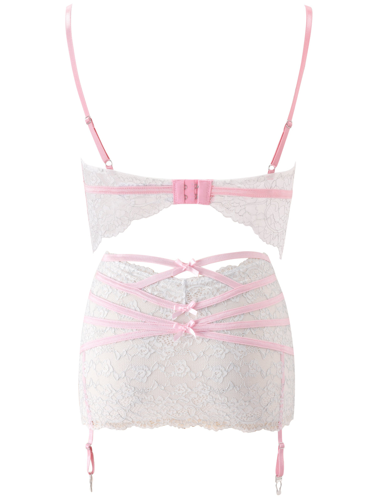 A back view of the I.AM.GIA Bunny Lingerie Set in white lace with pink straps, bows, and garter attachments. The set features a vintage-inspired bra with adjustable straps, a hook closure, and pink ribbon details across the matching micro mini lace skirt.