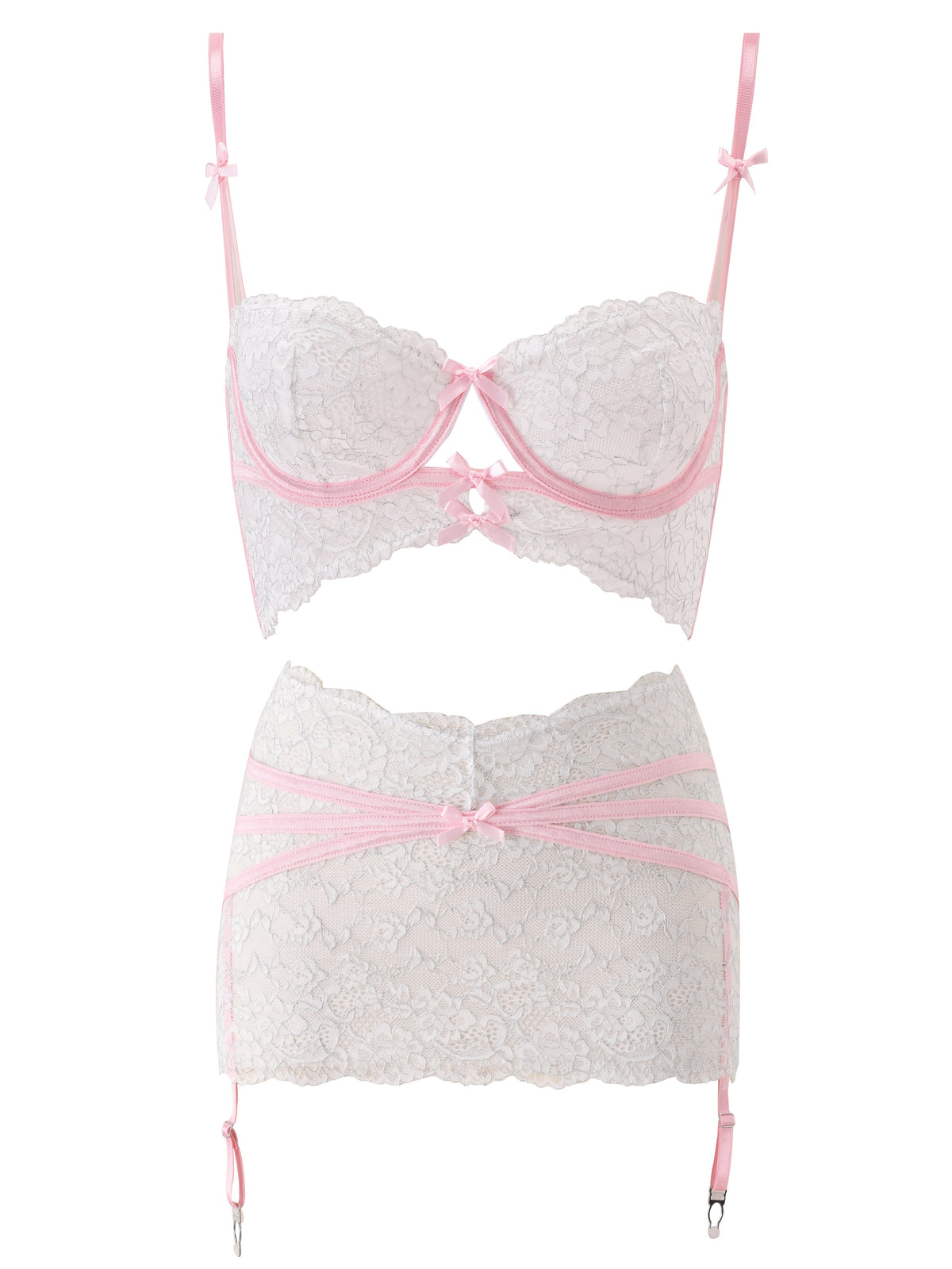 The I.AM.GIA BUNNY LINGERIE SET - WHITE PINK features a vintage-inspired design with white lace and pink ribbon accents, including a bra with adjustable straps and a matching garter belt, displayed on a plain white background.