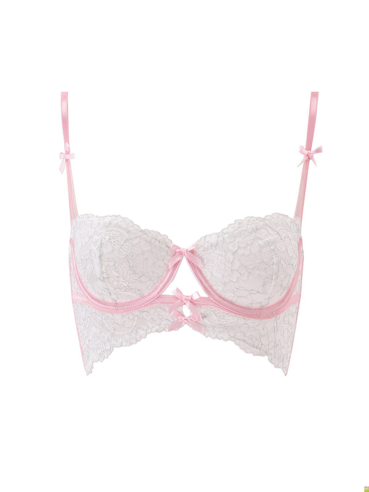 The BUNNY LINGERIE SET - WHITE PINK by I.AM.GIA features a white lace bra accented with pink straps and trim, adorned with delicate pink bows at the center, straps, and sides. Displayed on a white background, this charming piece pairs beautifully with the matching vintage-inspired lingerie set or a coordinating micro mini lace skirt.