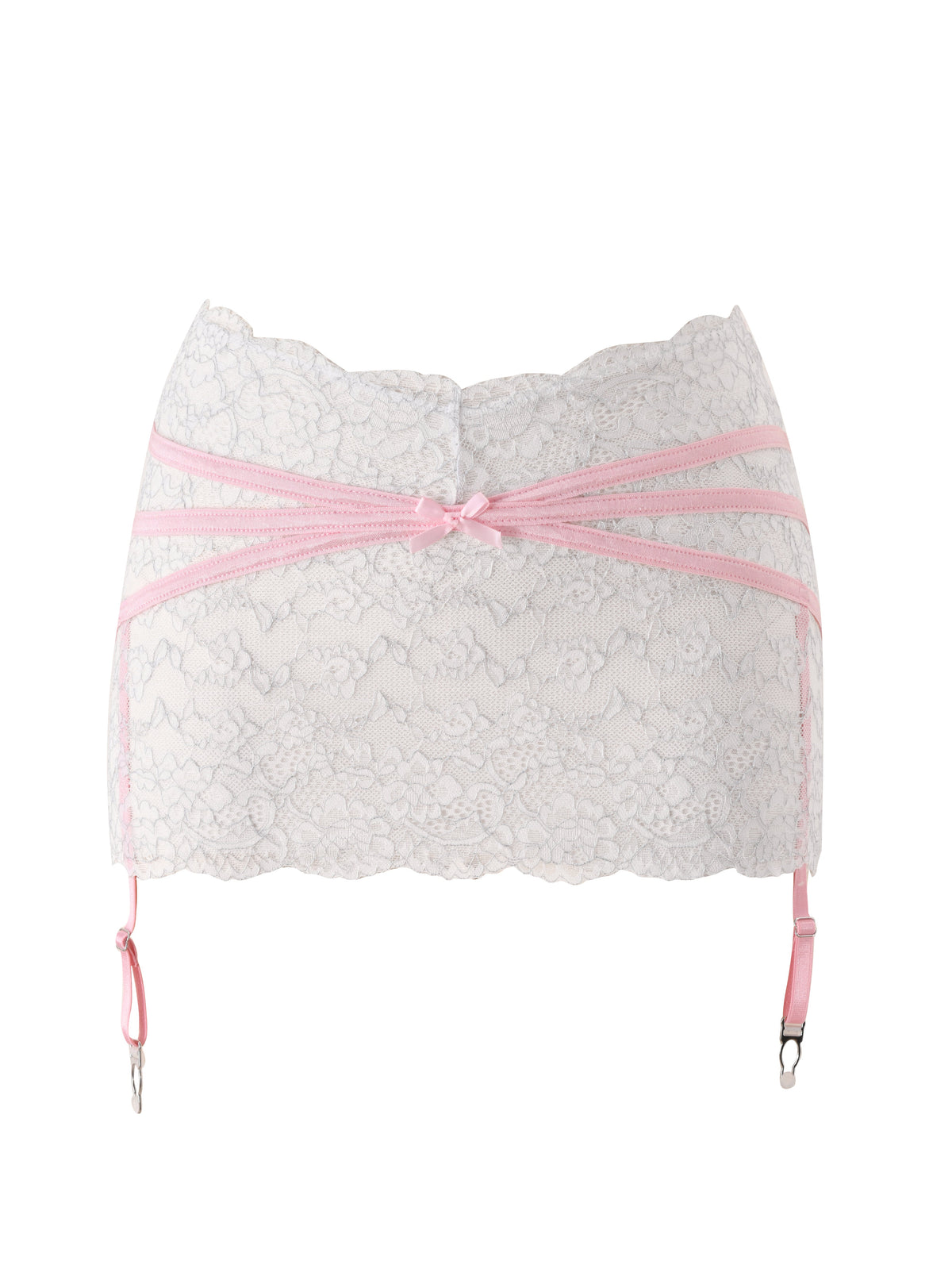 The BUNNY LINGERIE SET - WHITE PINK by I.AM.GIA features a white lace garter belt with pink trim and straps, accented with a delicate pink bow at the center and adjustable garter clips below, making it the perfect addition to any vintage-inspired lingerie collection for a romantic, classic touch.