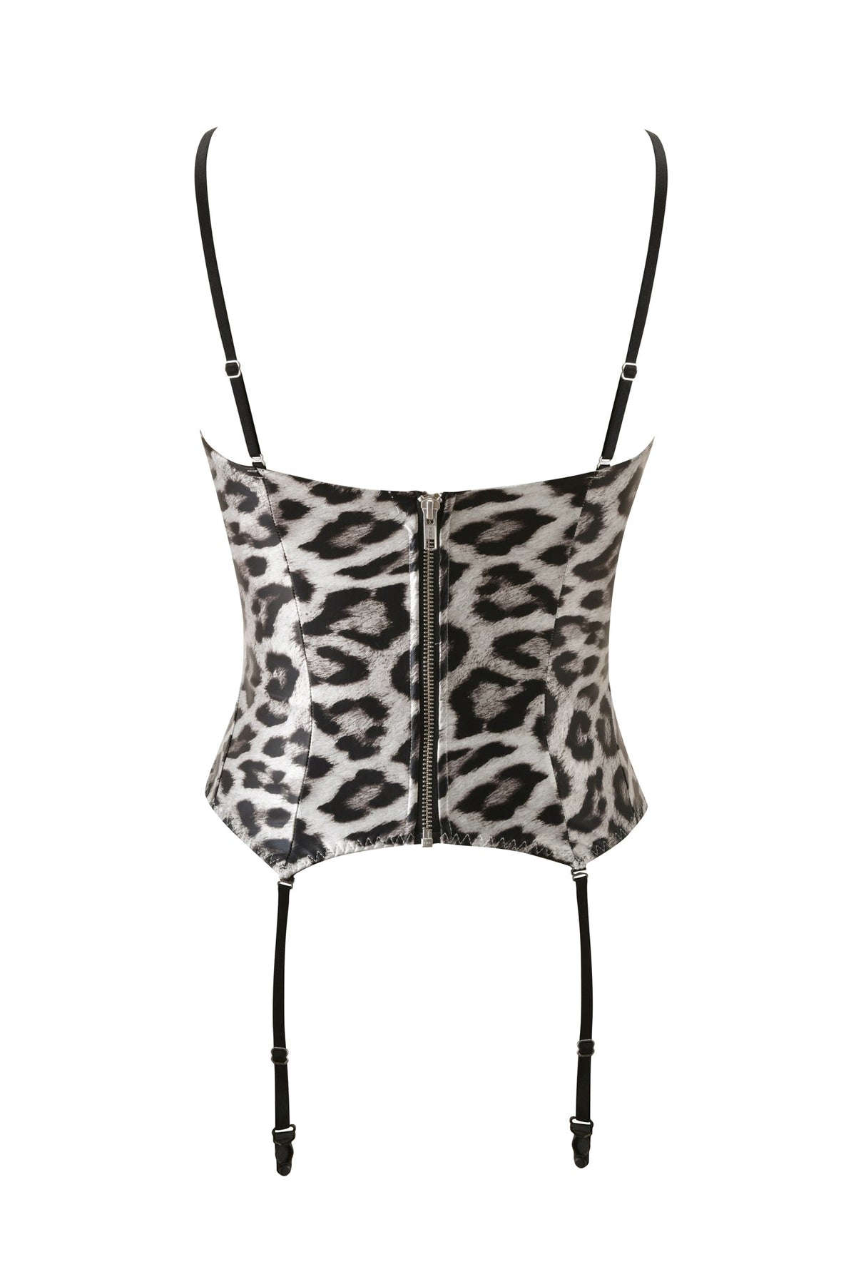 Back view of the I.AM.GIA SABRE CORSET in Snow Leopard, showcasing a sweetheart neckline, black adjustable straps, zipper closure, and attached black garter straps against a white background.