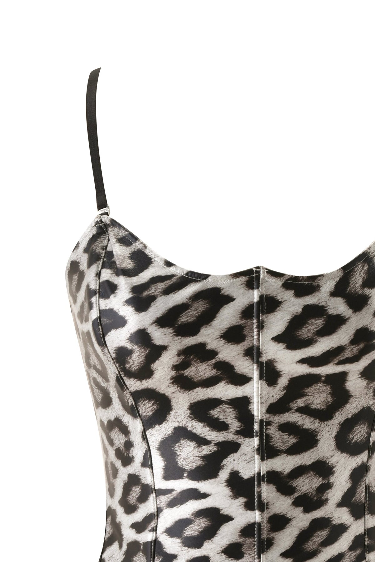 Close-up of the SABRE CORSET - SNOW LEOPARD by I.AM.GIA, showcasing its metallic snow leopard print, bodycon fit, and thin black shoulder straps against a white background.