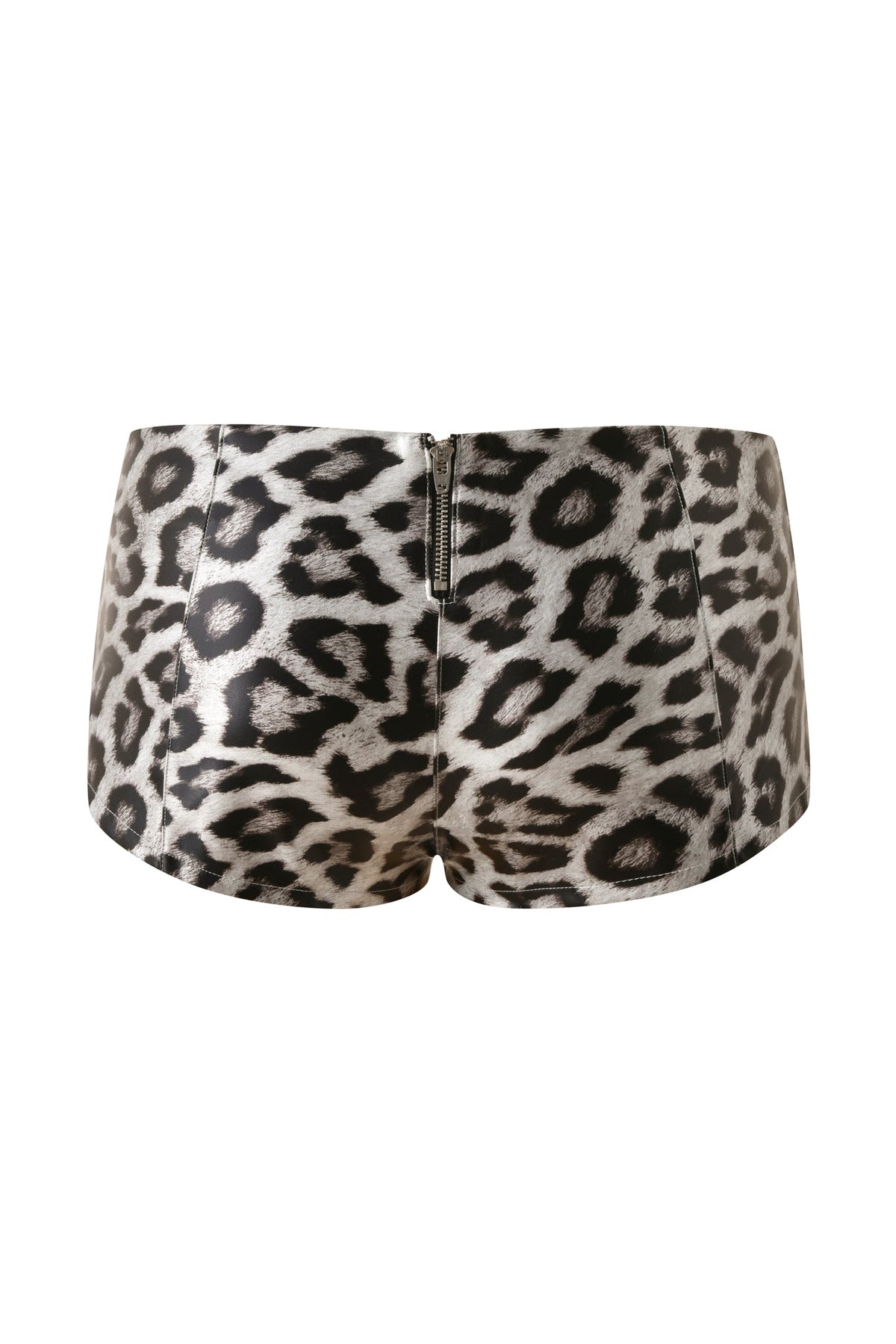 The SABRE HOT SHORT - SNOW LEOPARD by I.AM.GIA are high-waisted micro mini shorts featuring a bold black and white leopard print, metallic finish reminiscent of snow leopard patterns, and a back zipper, shown against a white background.