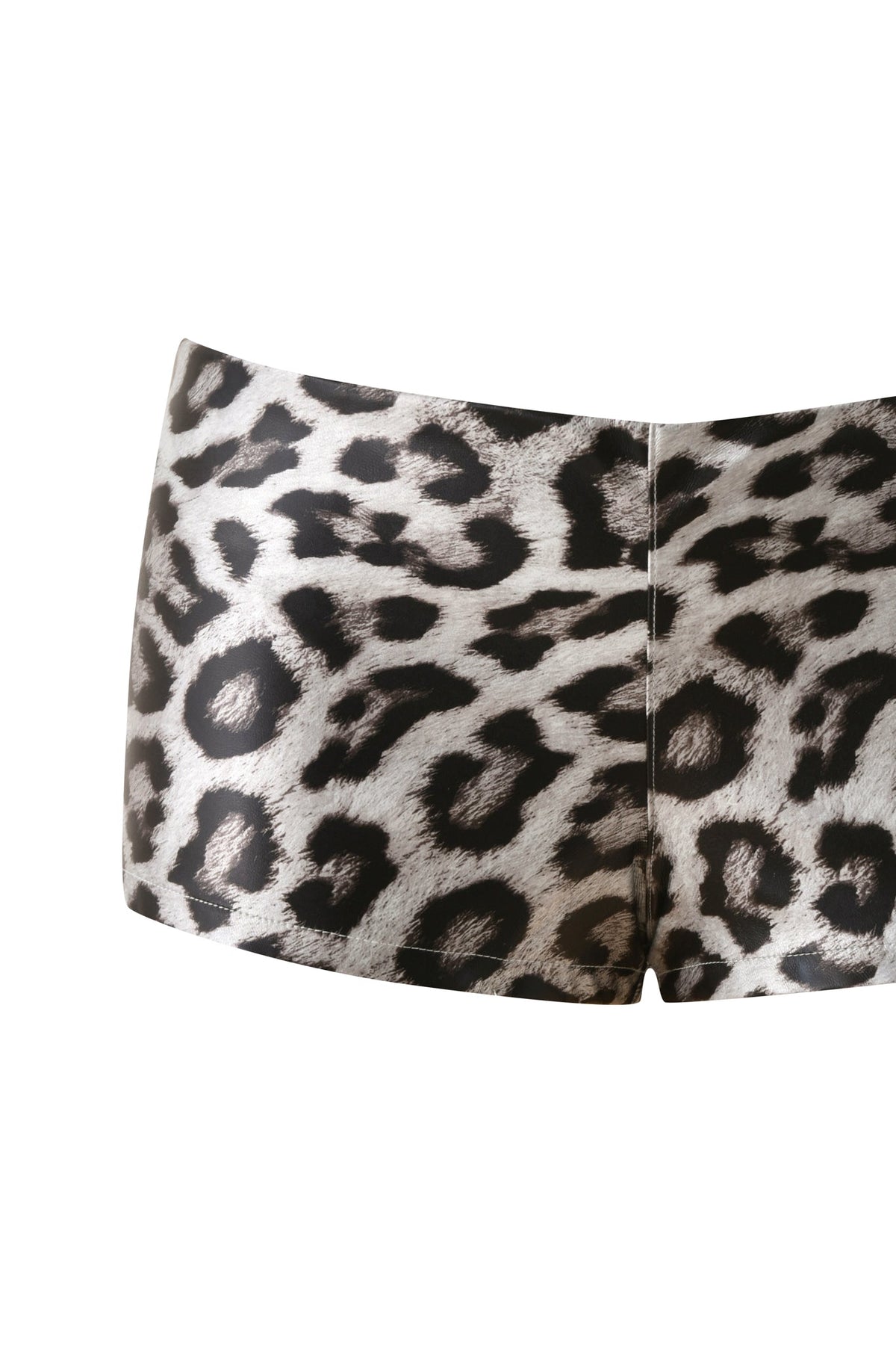 Close-up of the SABRE HOT SHORT - SNOW LEOPARD by I.AM.GIA, a pair of low-rise hot shorts showcasing a black and white leopard print pattern, isolated on a white background.