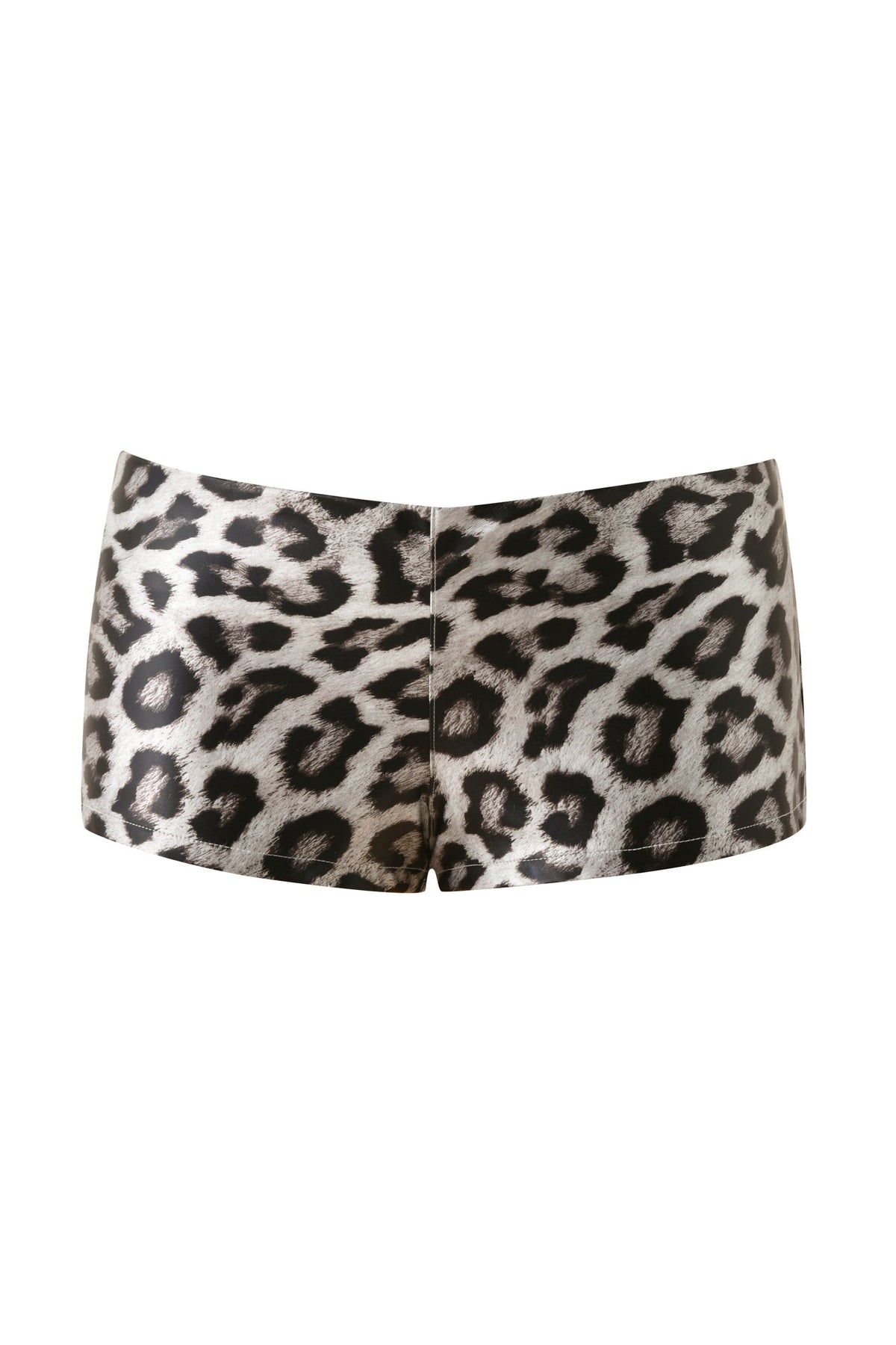 The SABRE HOT SHORT - SNOW LEOPARD by I.AM.GIA features a fitted, low-rise silhouette with a black and brown leopard print on a light background, shown against a plain white backdrop.