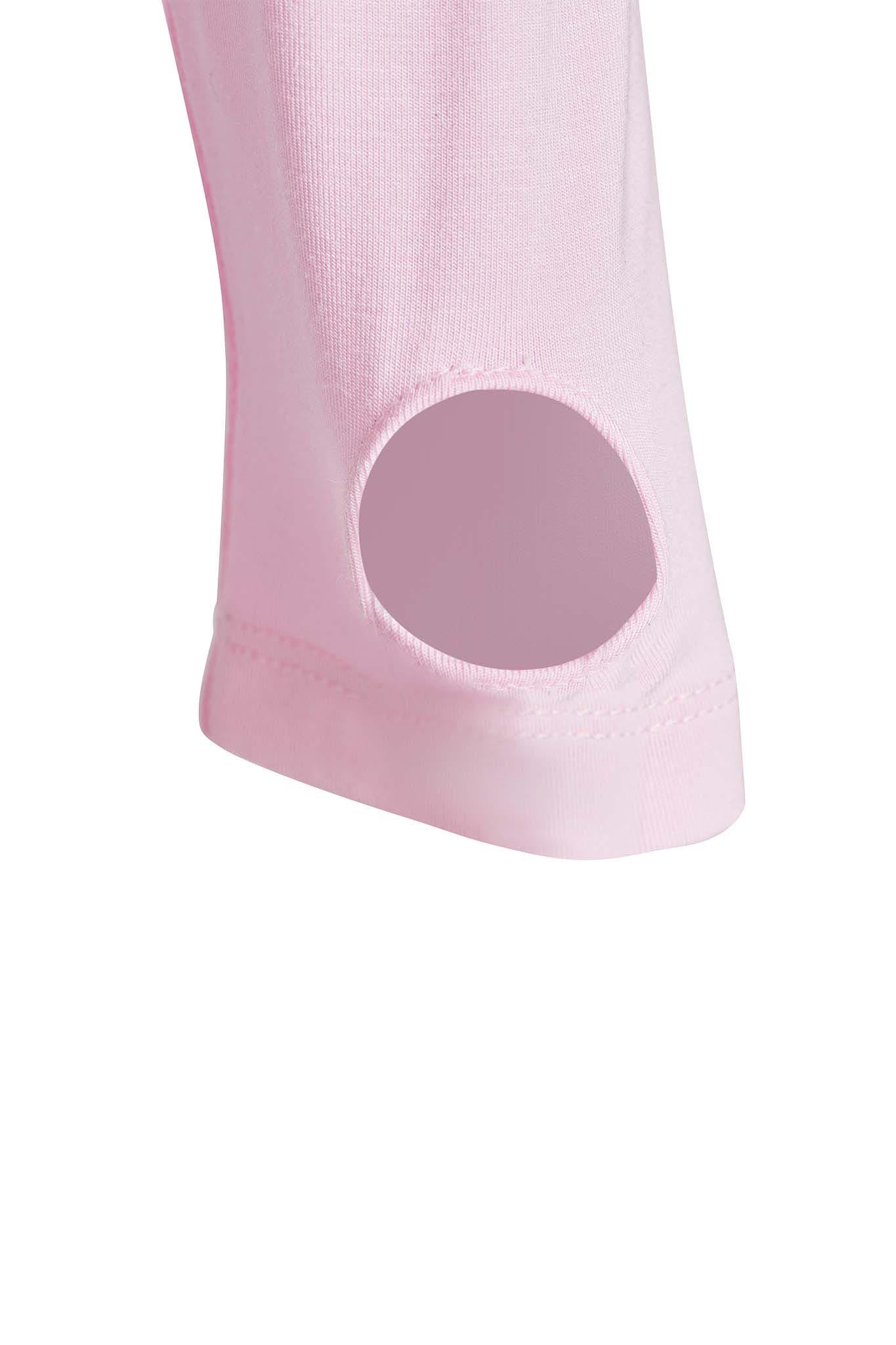 Close-up of a BLARE HOODIE - PINK : PASTEL PINK by I.AM.GIA fabric sleeve featuring an elongated thumbhole near the cuff. The material appears to be stretchy and comfortable. The sleeve is empty and laid flat, highlighting the thumbhole design.