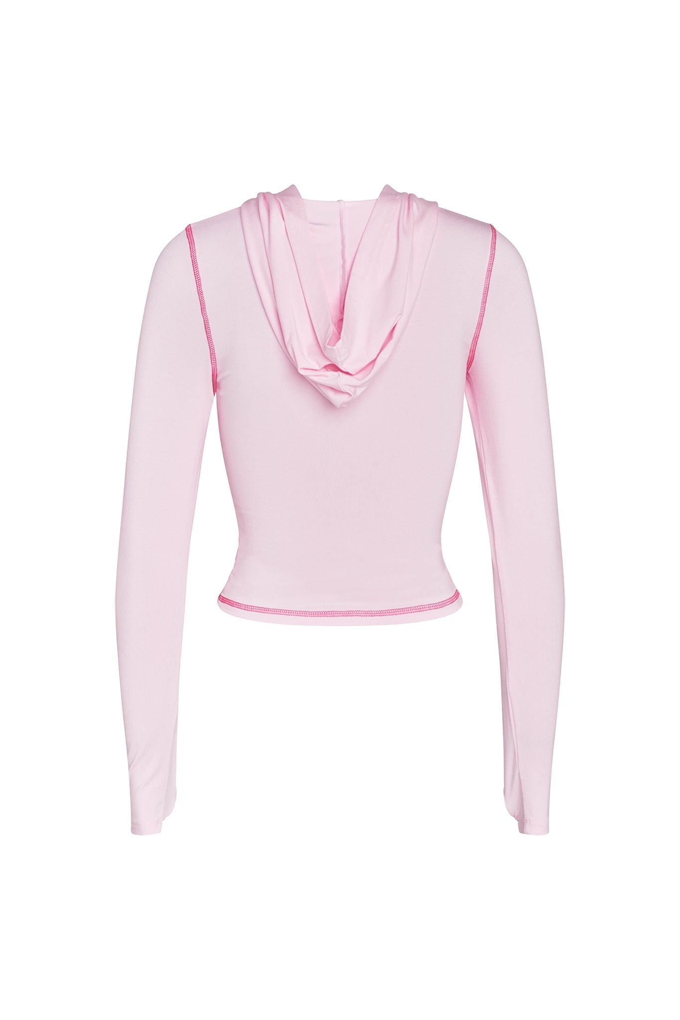 Back view of the pastel pink Blare Hoodie by I.AM.GIA. This long-sleeve crop top features visible seam detailing on the shoulders, sides, and hem, with a soft and stretchy fabric. The casual design is perfect for layering or wearing on its own.
