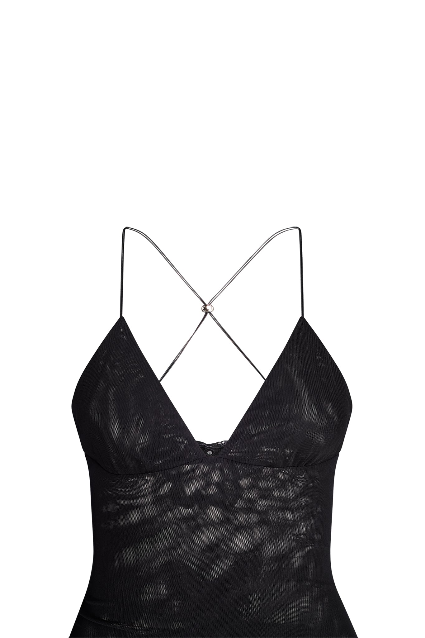 Introducing the ELLERY DRESS in black by I.AM.GIA—a sheer, lightweight, and slightly translucent piece. It features a deep V neckline and delicate spaghetti straps that cross at the back, showcasing a fitted silhouette.