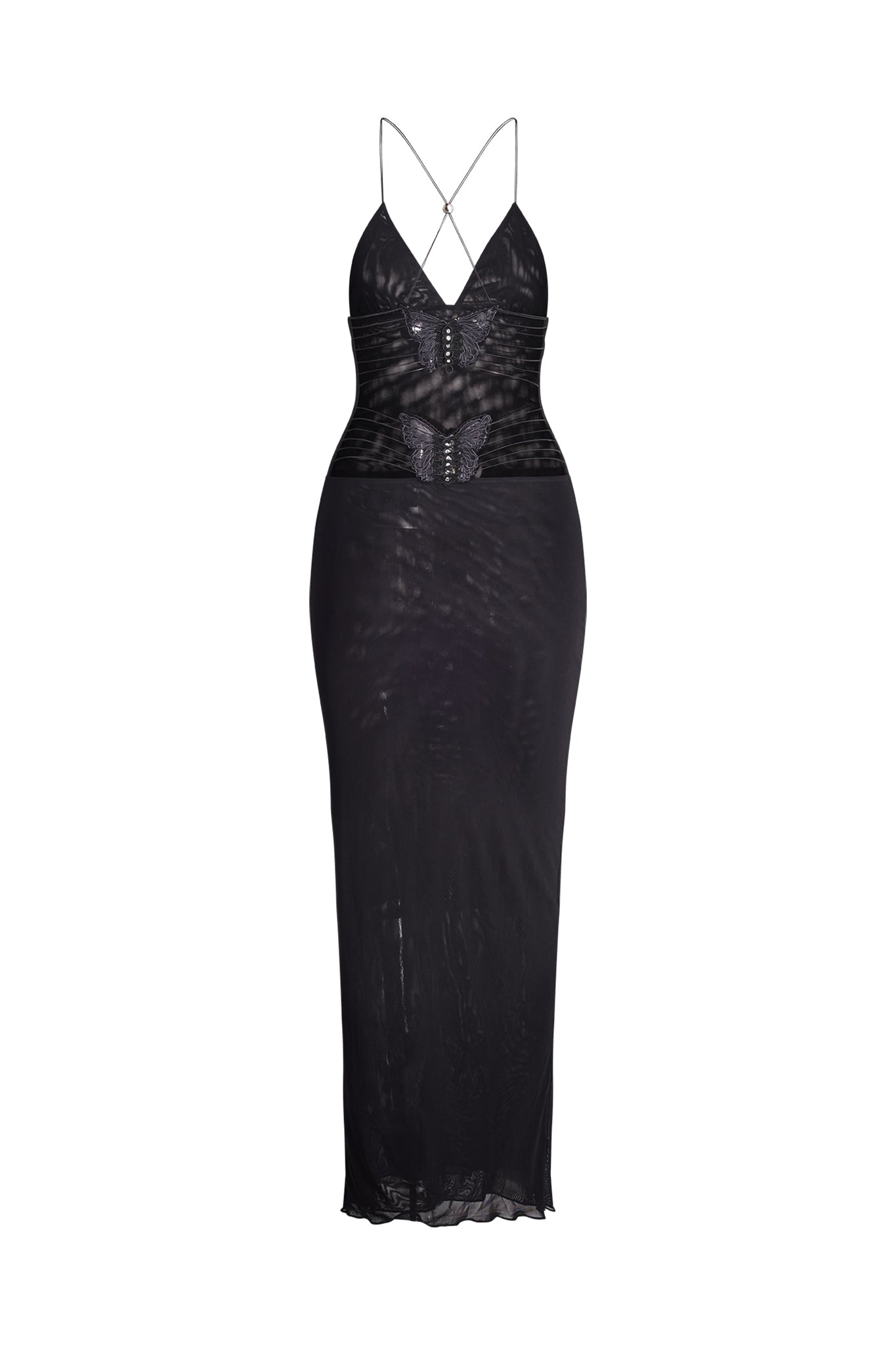 Introducing the ELLERY DRESS - BLACK from I.AM.GIA, a stunning sheer bodycon dress with thin spaghetti straps that crisscross in the back. This dress boasts a deep V-neckline, a fitted bodice, and a long skirt that falls to mid-calf length. The design is enhanced with intricate lace detailing around the waist and chest for an exquisite finish.