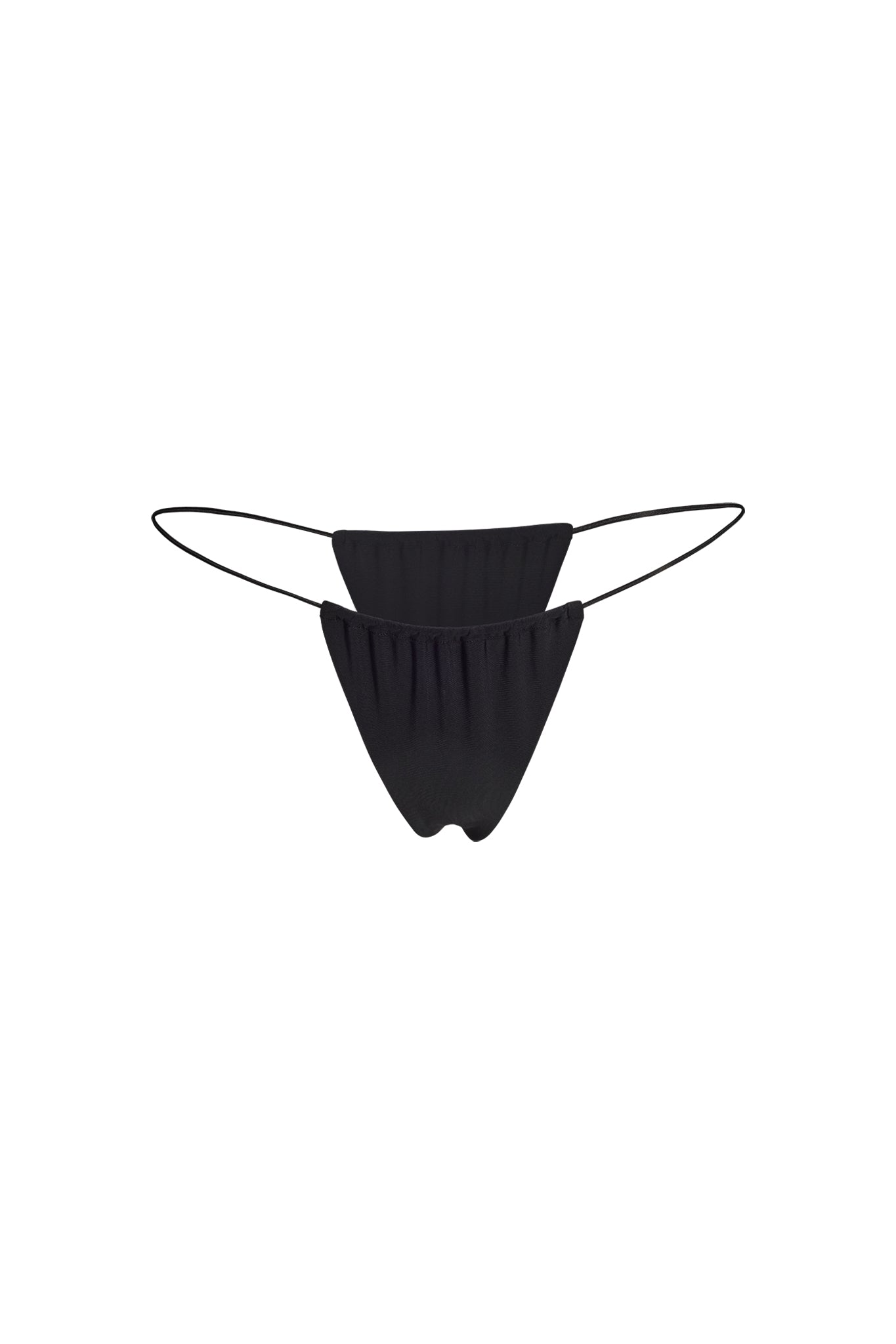 The BAMBI BIKINI BOTTOM in black by I.AM.GIA is displayed against a white background, featuring minimal coverage and thin waist straps. The fabric appears to have subtle pleats, giving it a sleek and simple design.